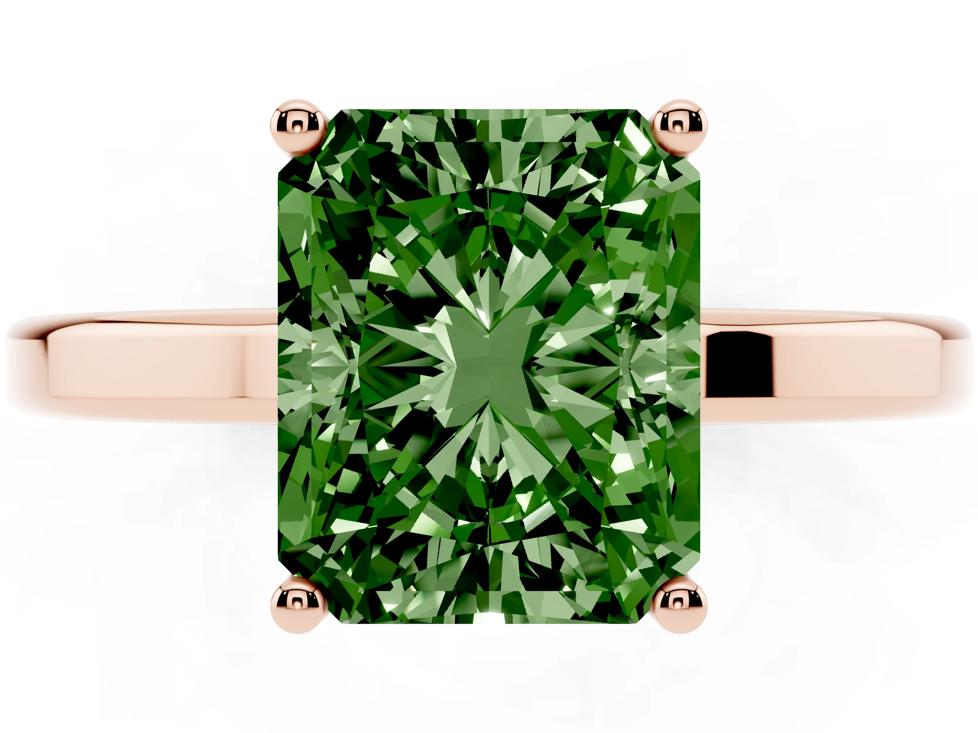 Fancy Green Radiant Cut Diamond Solitaire Engagement Ring Set in Rose gold with Prong Setting on a Plain Band