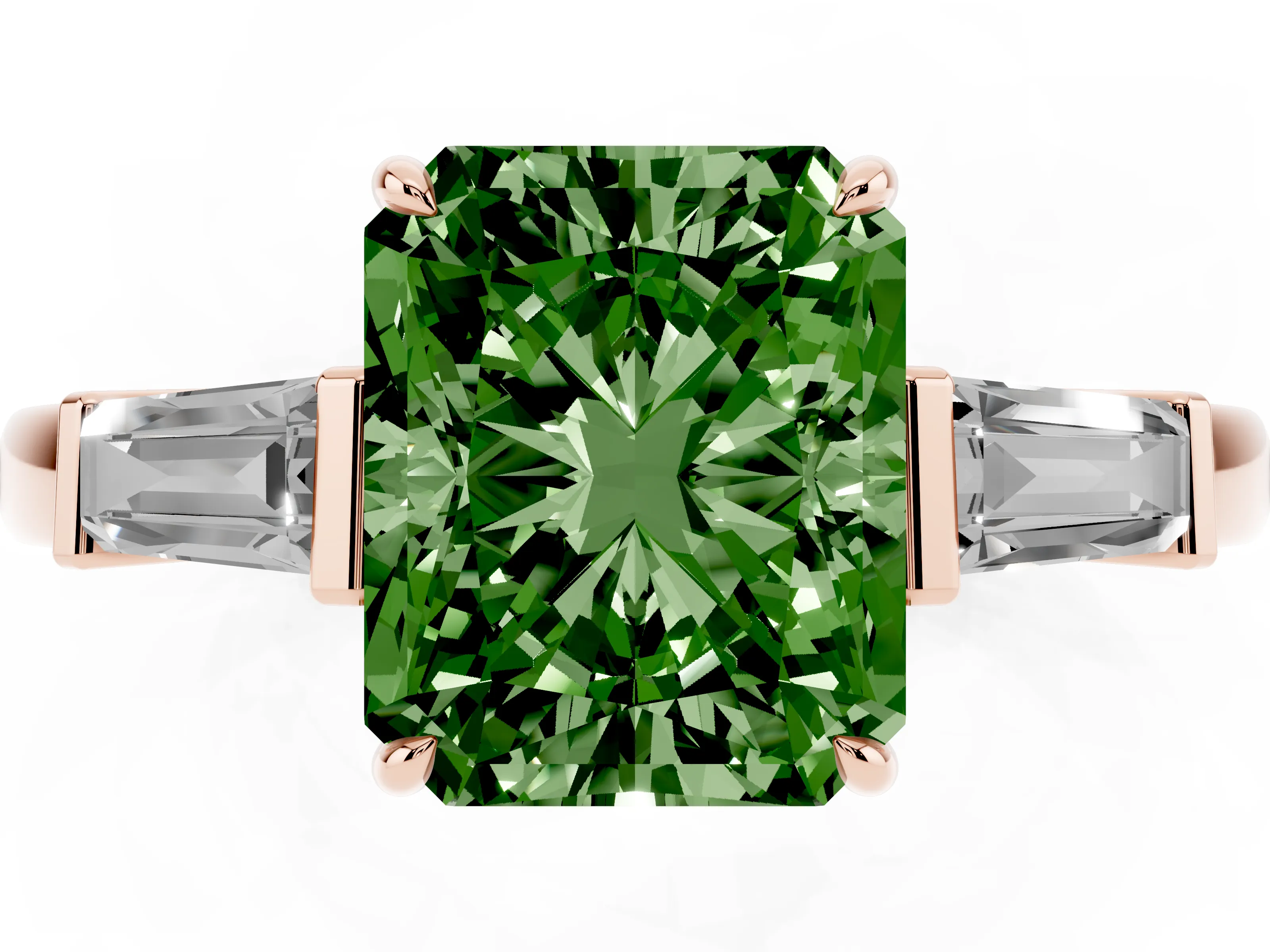 Fancy Green Radiant Cut Diamond Three-Stone Ring Set in Rose gold with Tapered Baguette Side Stones and Prong Setting