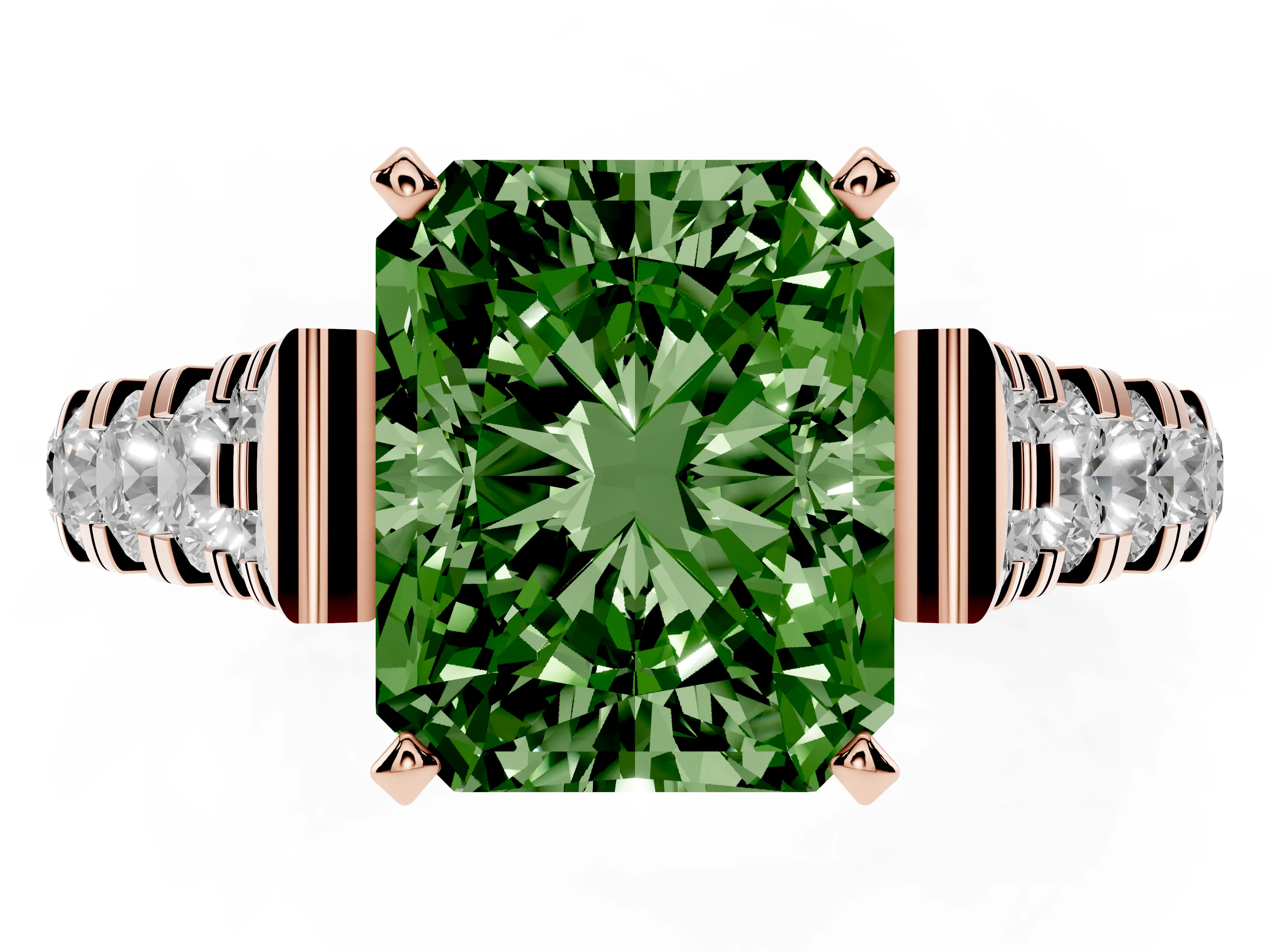Fancy Green Radiant Cut Diamond Classic Solitaire Ring Set in Rose gold with Pavé Band and Prong Setting