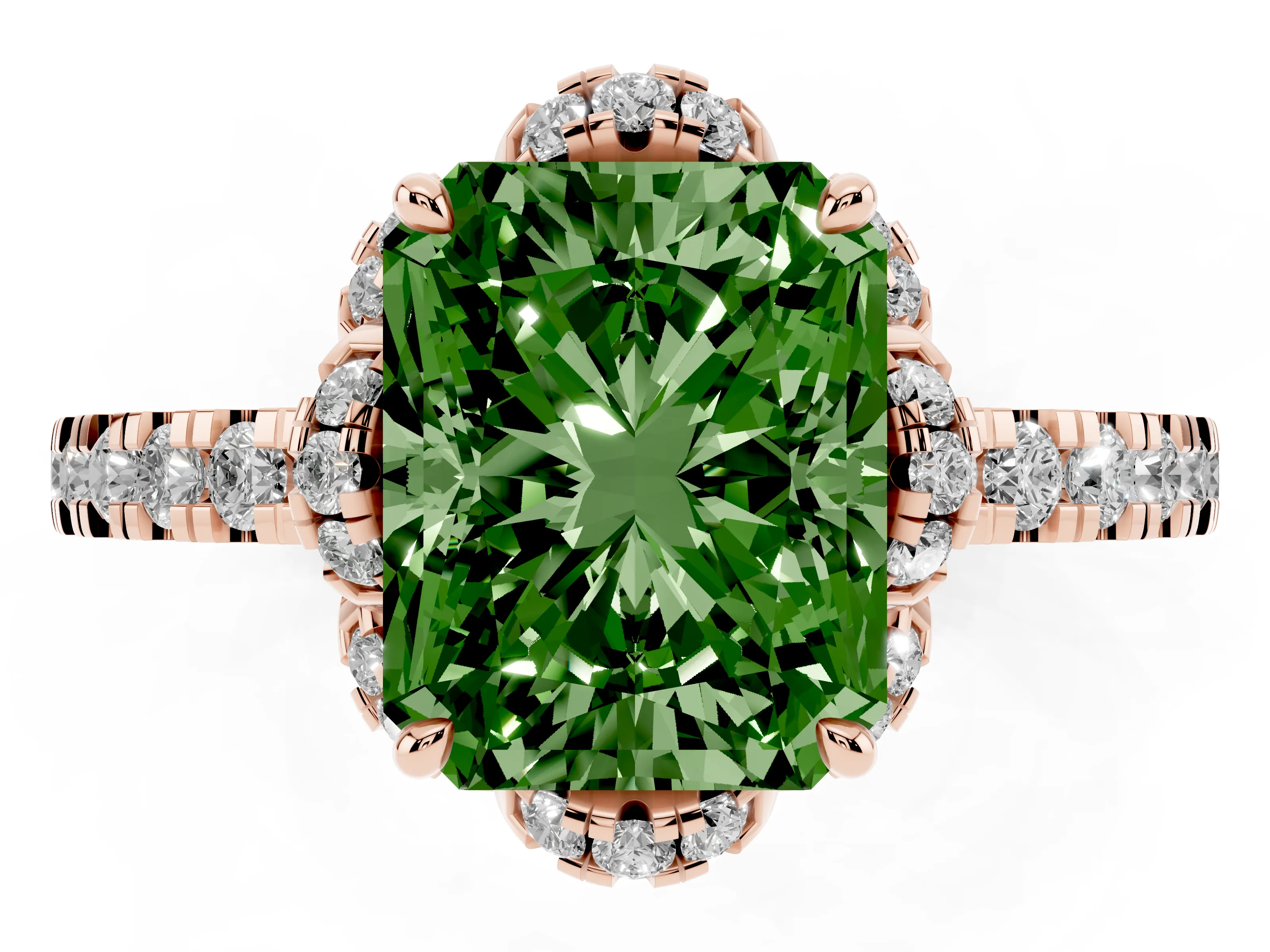 Fancy Green Radiant Cut Diamond Halo Pavé Band Ring Set in Rose gold with Prong-Held Center