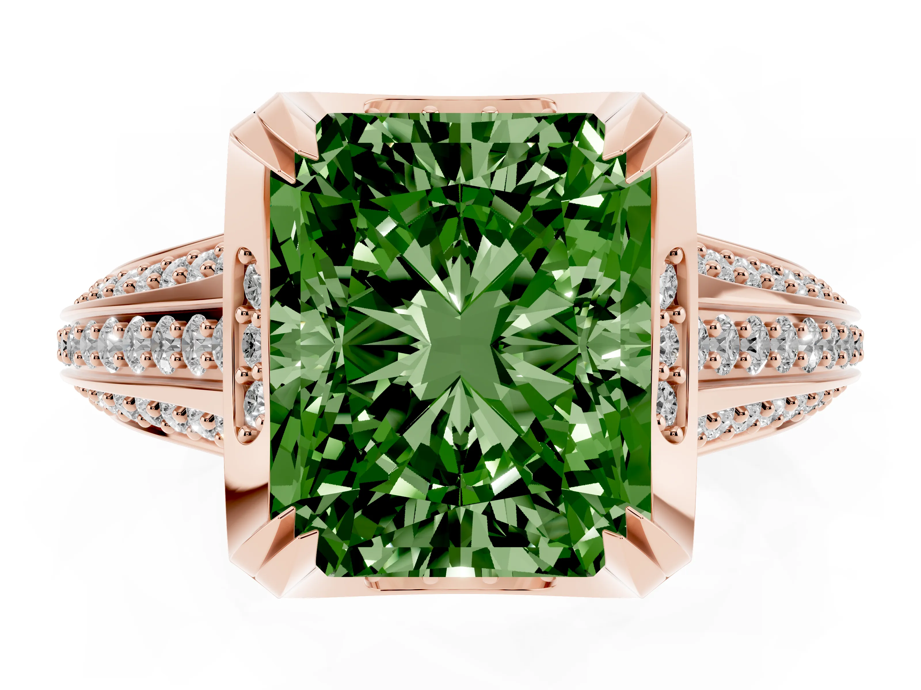 Fancy Green Radiant Cut Diamond Pavé Split Shank Solitaire Ring Set in Rose gold with Prong Setting