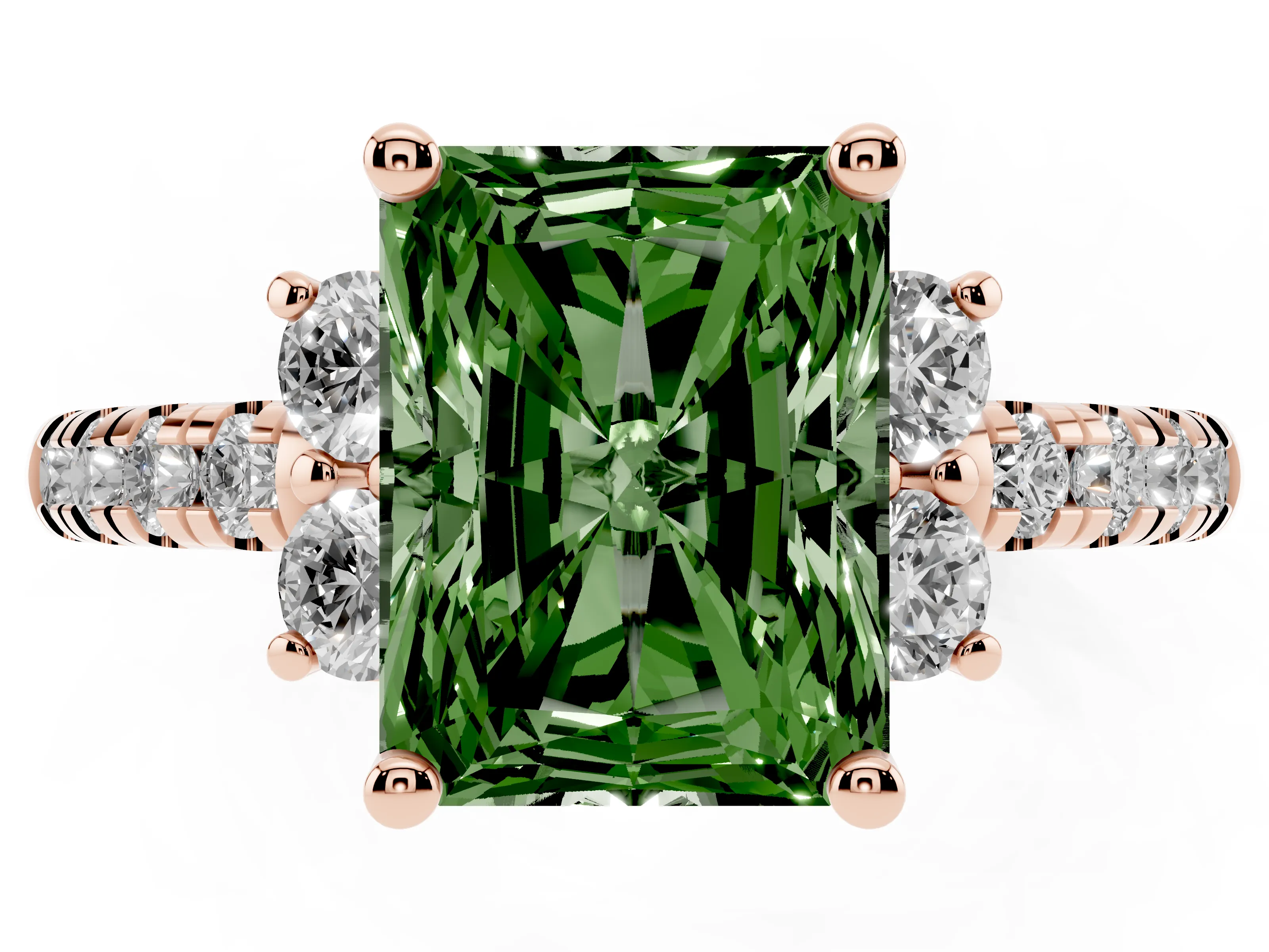 Fancy Green Radiant Cut Diamond Three-Stone Pavé Ring Set in Rose gold with Prong Setting