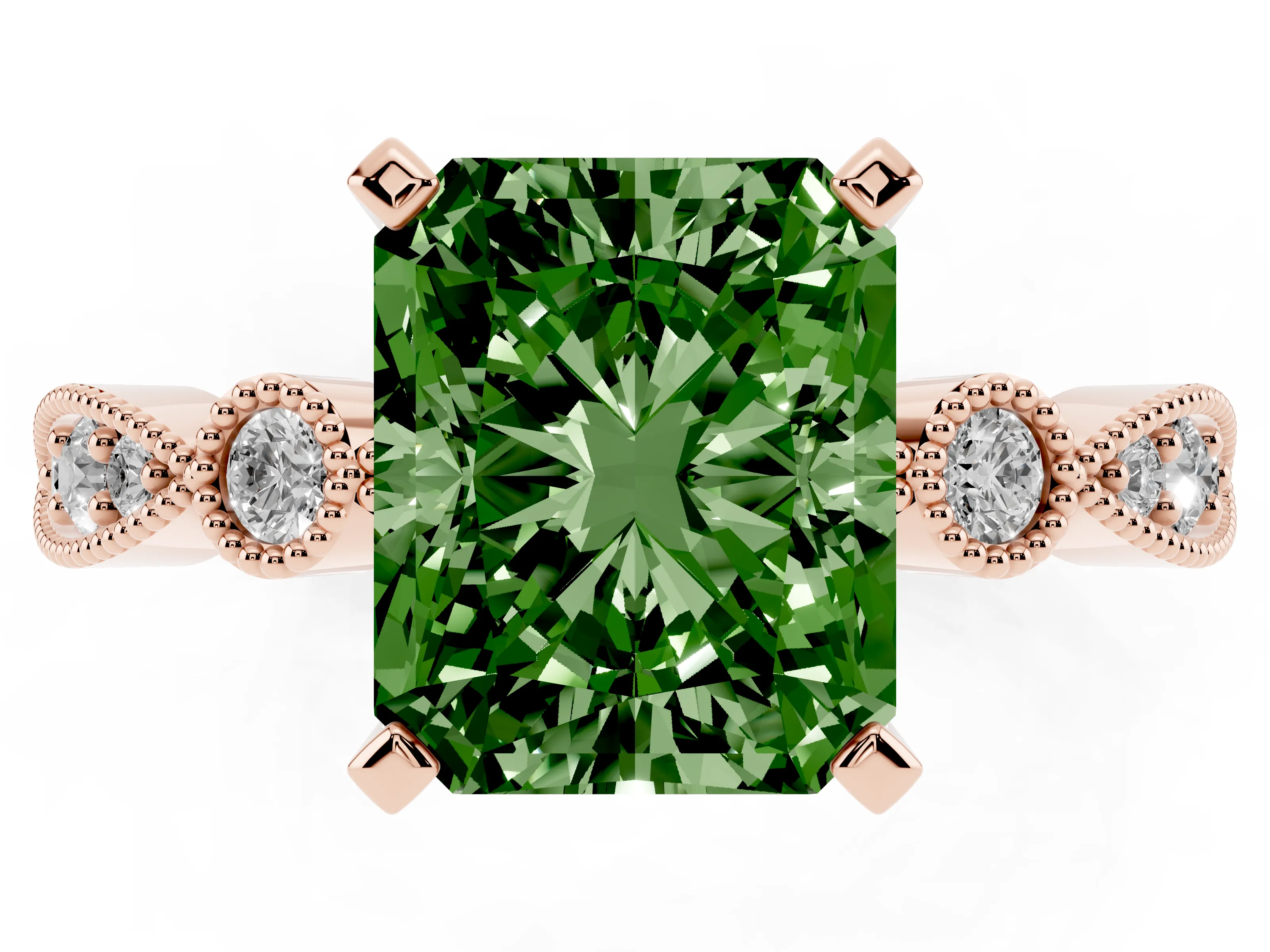 Fancy Green Radiant Cut Diamond Solitaire Engagement Ring Set in Rose gold with Milgrain Bezel Accent Band