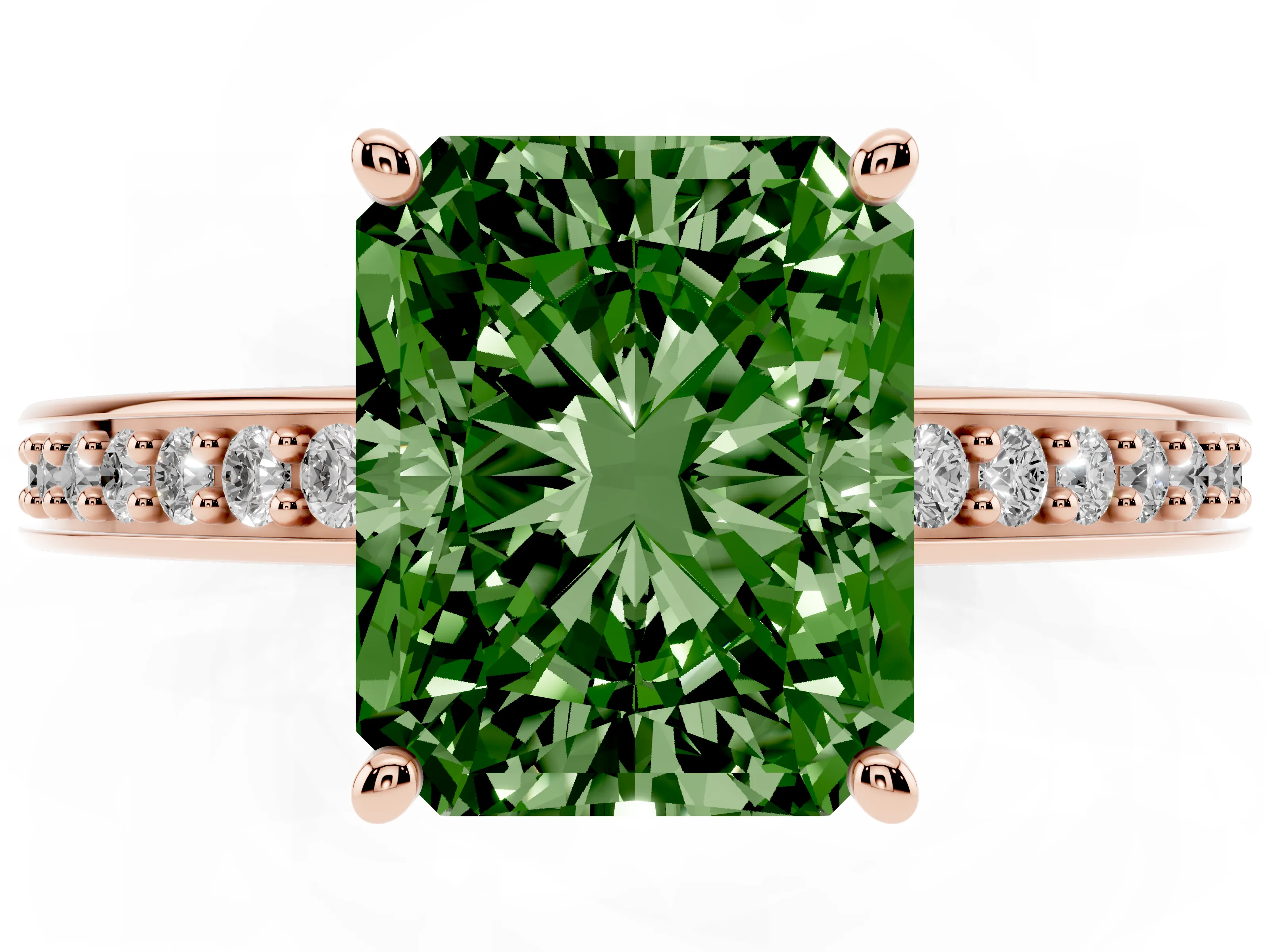 Fancy Green Radiant Cut Diamond Pavé Band Prong Set Solitaire Ring Set in Rose gold