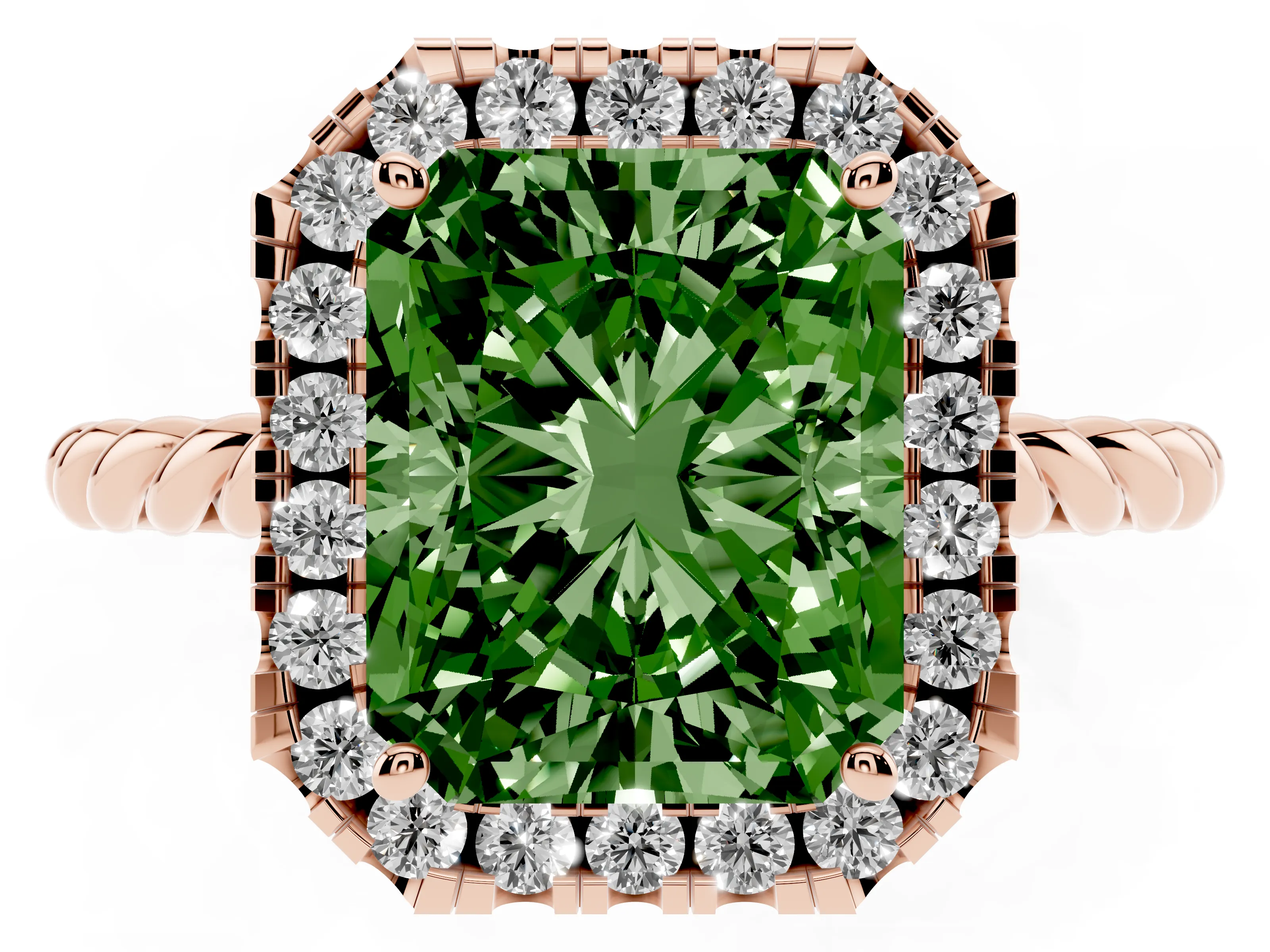 Fancy Green Radiant Cut Diamond Halo Ring Set in Rose gold with Plain Twisted Band