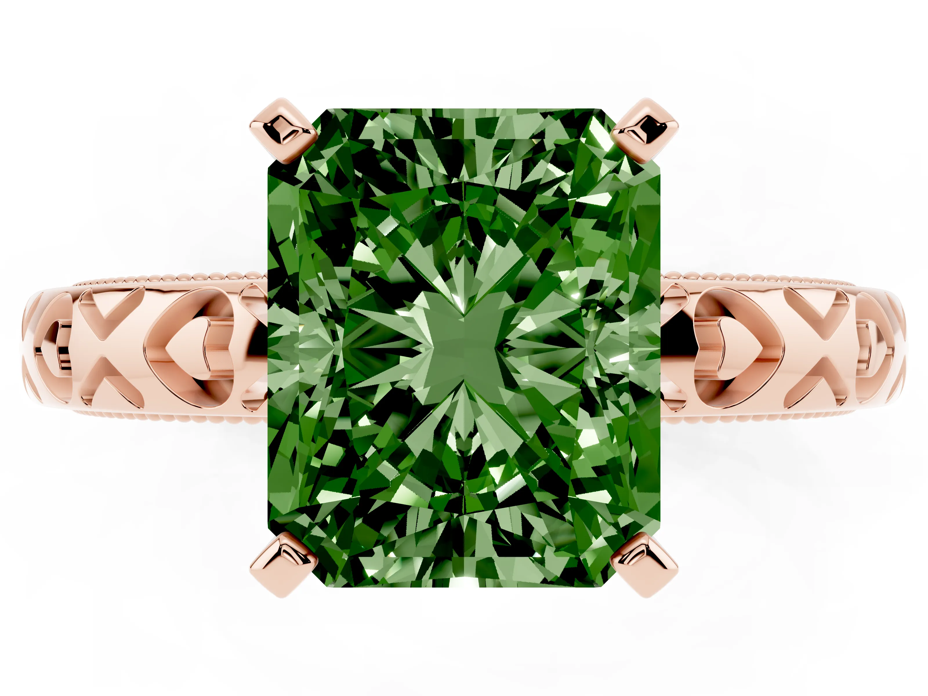 Fancy Green Radiant Cut Diamond Solitaire Engagement Ring Set in Rose gold with XO Engraved Band and Prong Setting