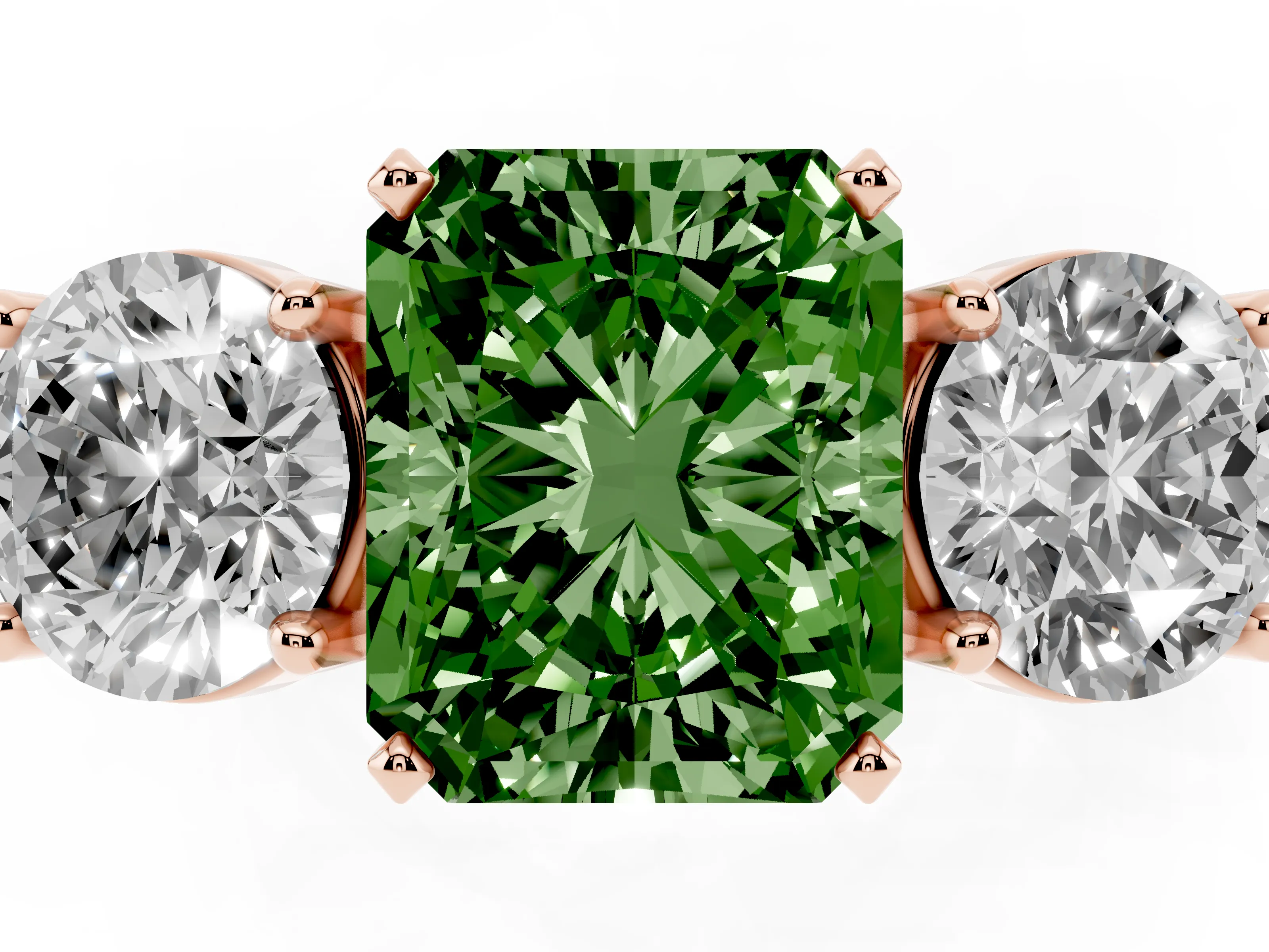 Fancy Green Radiant Cut Diamond Three-Stone Ring Set in Rose gold with Round Side Stones and Classic Band