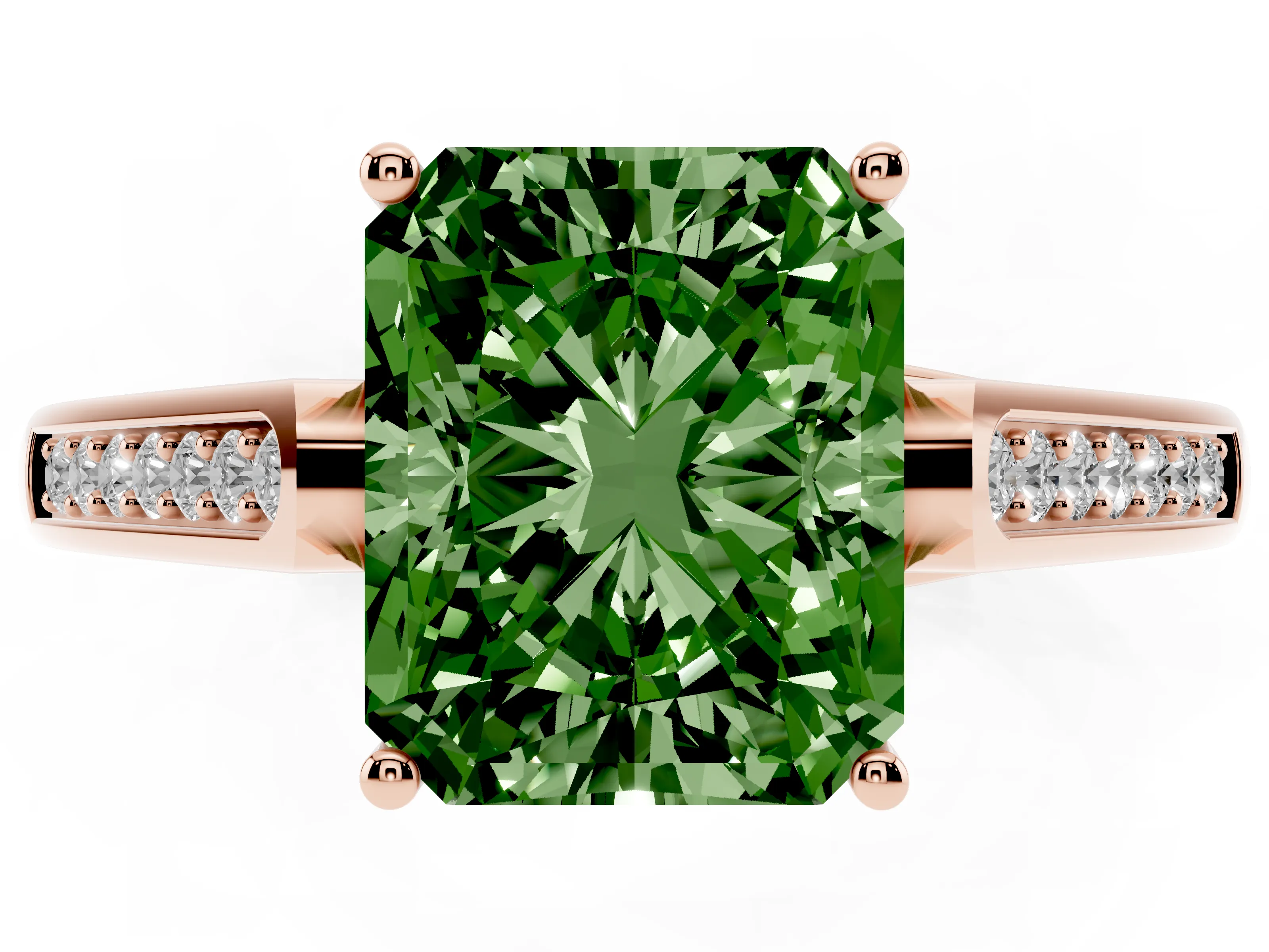 Fancy Green Radiant Cut Diamond Solitaire Cathedral Engagement Ring Set in Rose gold with Channel-Set Band and Prong Setting