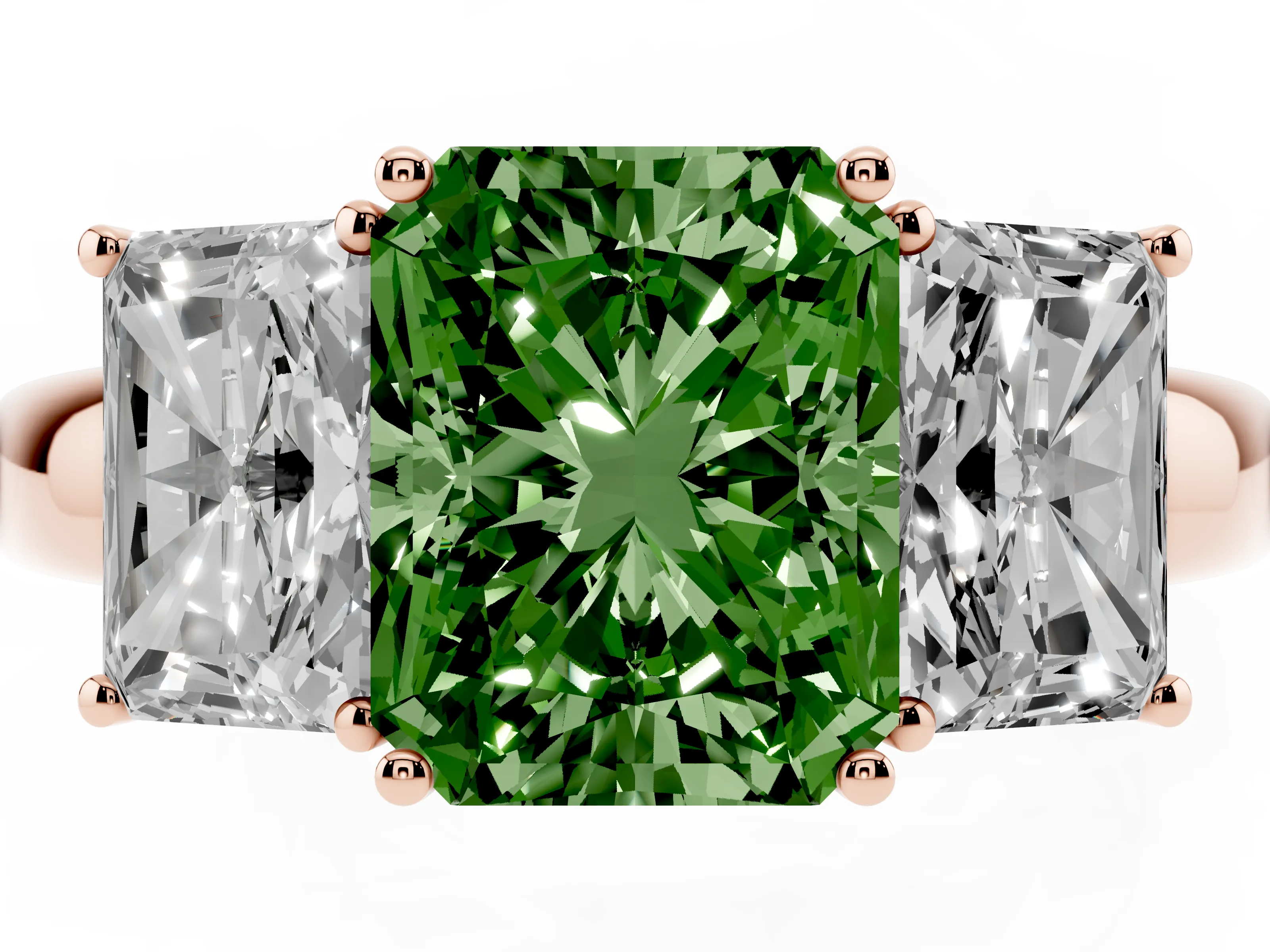 Fancy Green Radiant Cut Diamond Three-Stone Ring Set in Rose gold with Bold Center and Classic Band