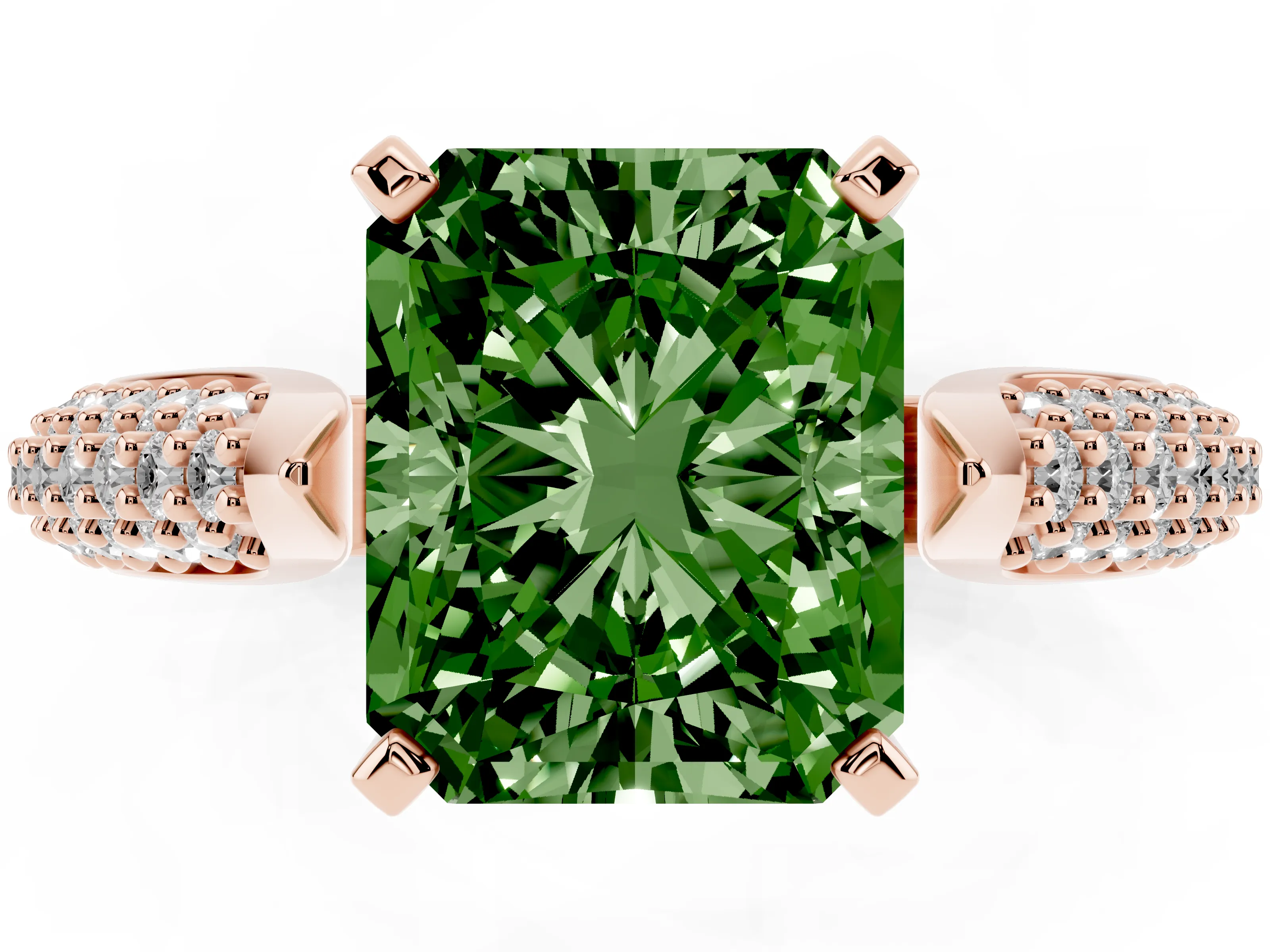 Fancy Green Radiant Cut Diamond Solitaire Engagement Ring Set in Rose gold with Multi-Row Round Pavé Band and Prong Setting