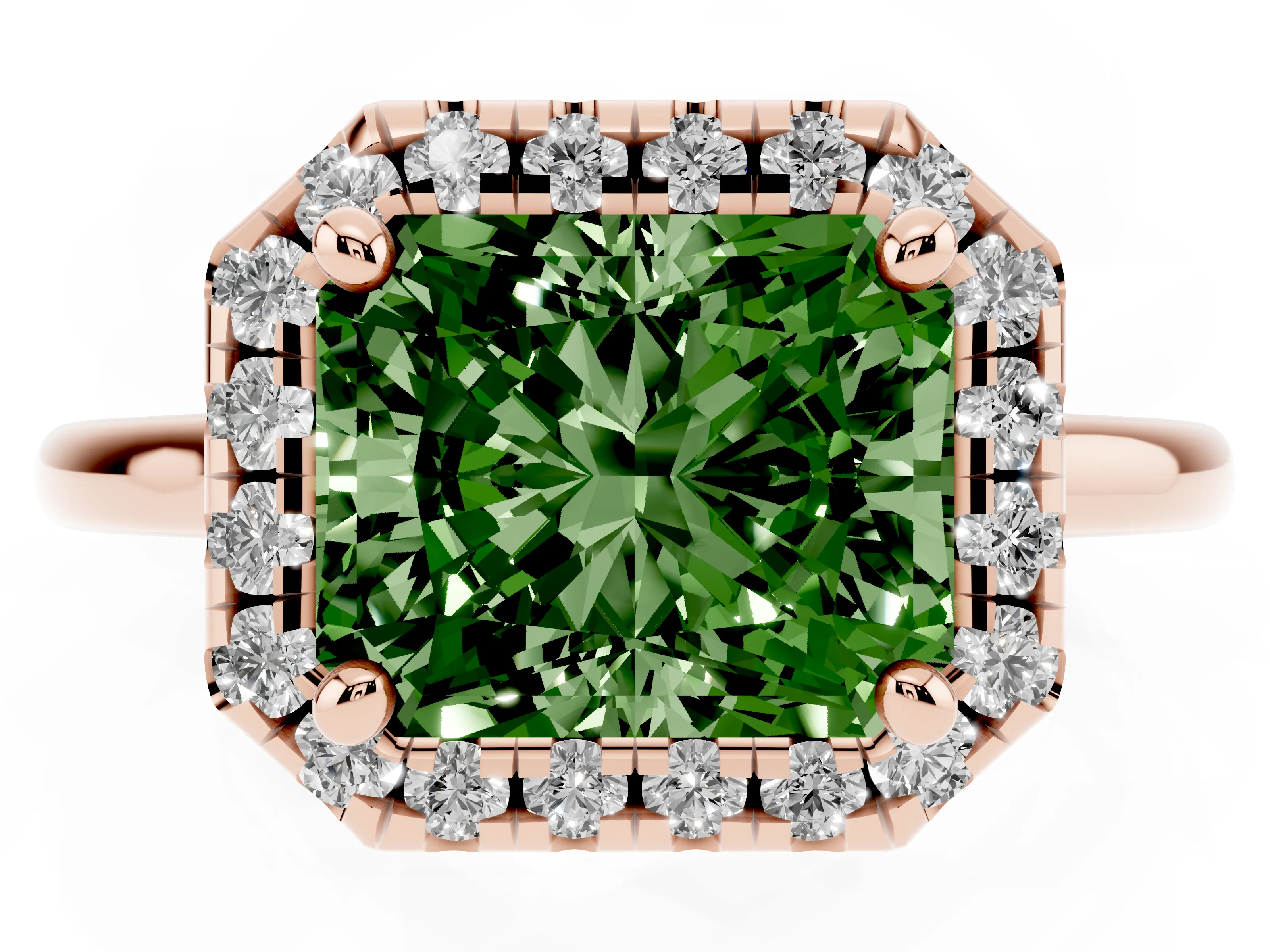 Fancy Green Radiant Cut Diamond Halo Engagement Ring Set in Rose gold with Pavé Band and Rising Shoulders