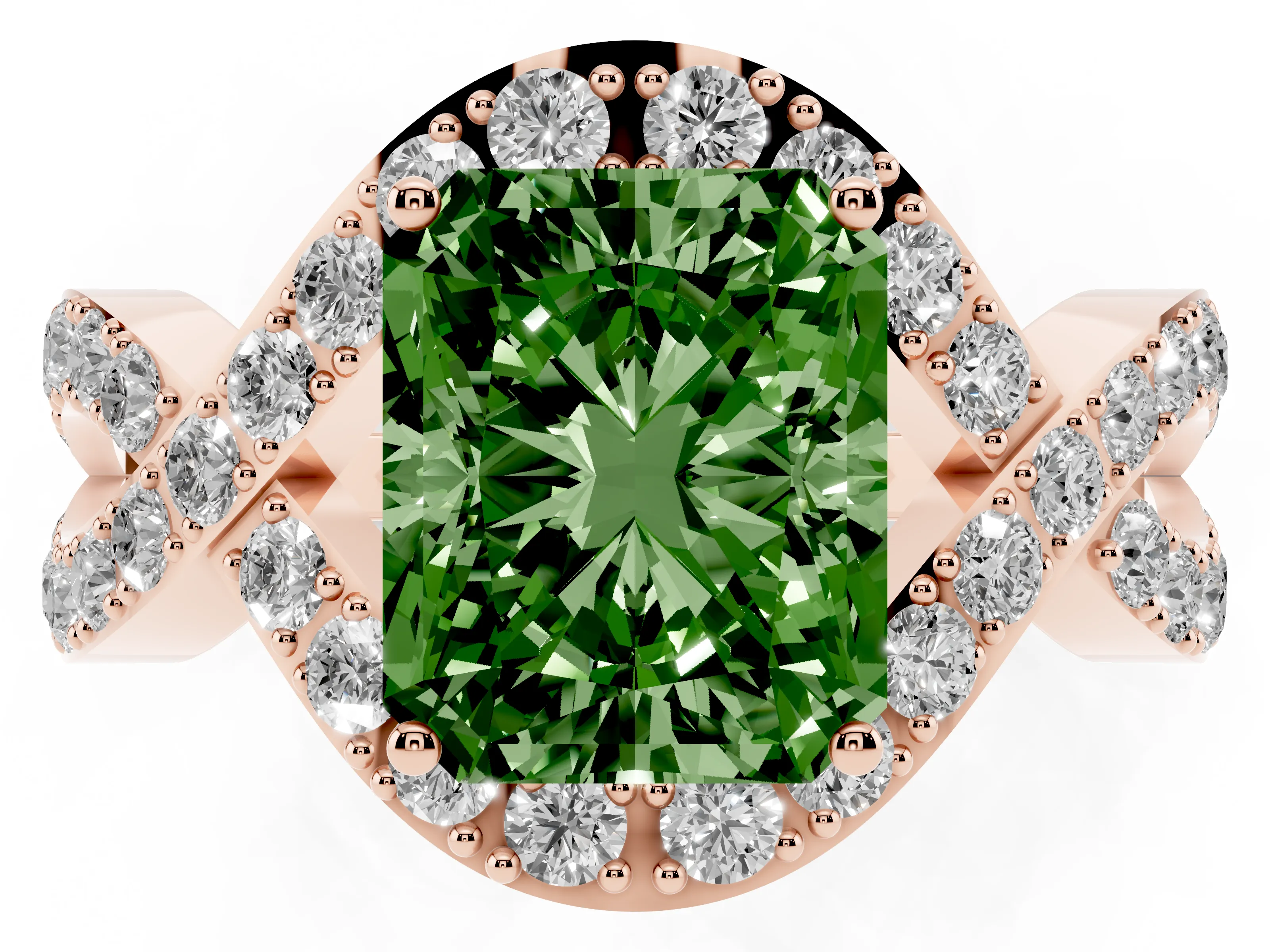 Fancy Green Radiant Cut Diamond Solitaire Twist Band Pavé Engagement Ring Set in Rose gold