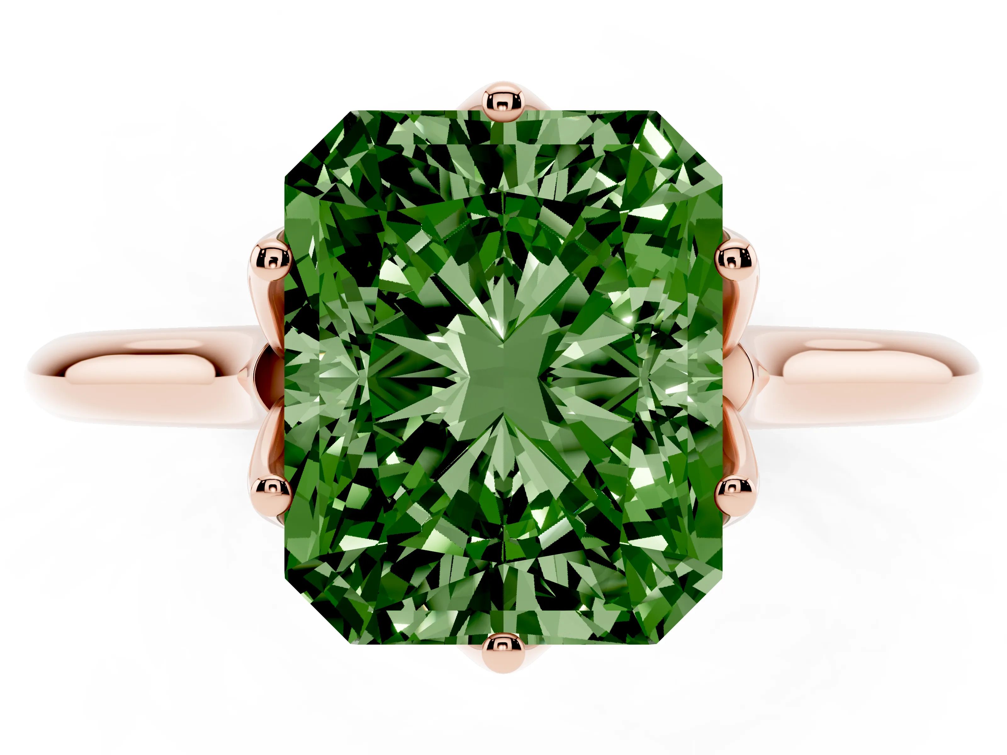 Fancy Green Radiant Cut Diamond Solitaire Cathedral Ring Set in Rose gold with Prong Setting
