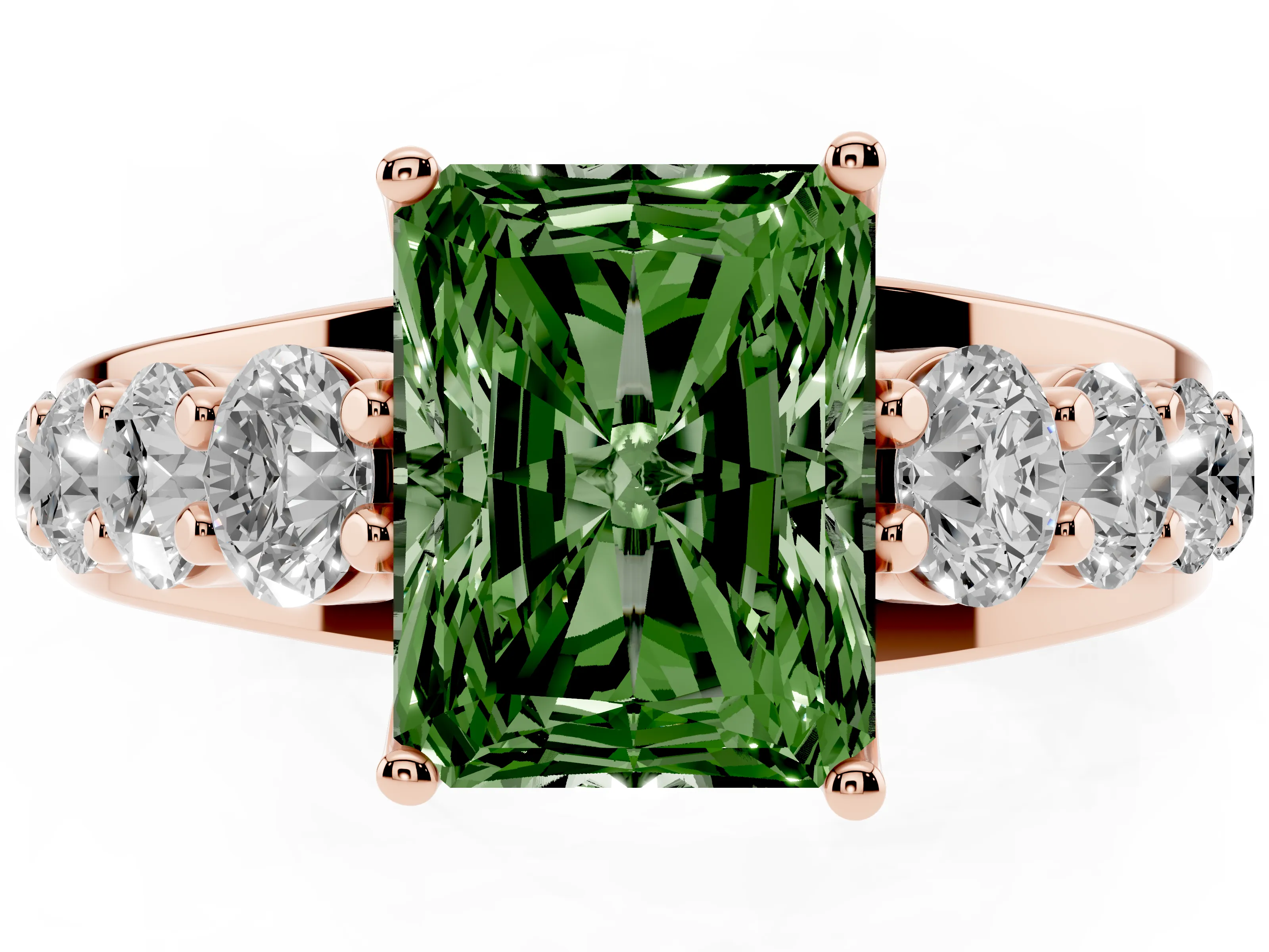 Fancy Green Radiant Cut Diamond Pavé Engagement Ring Set in Rose gold with Prong Setting