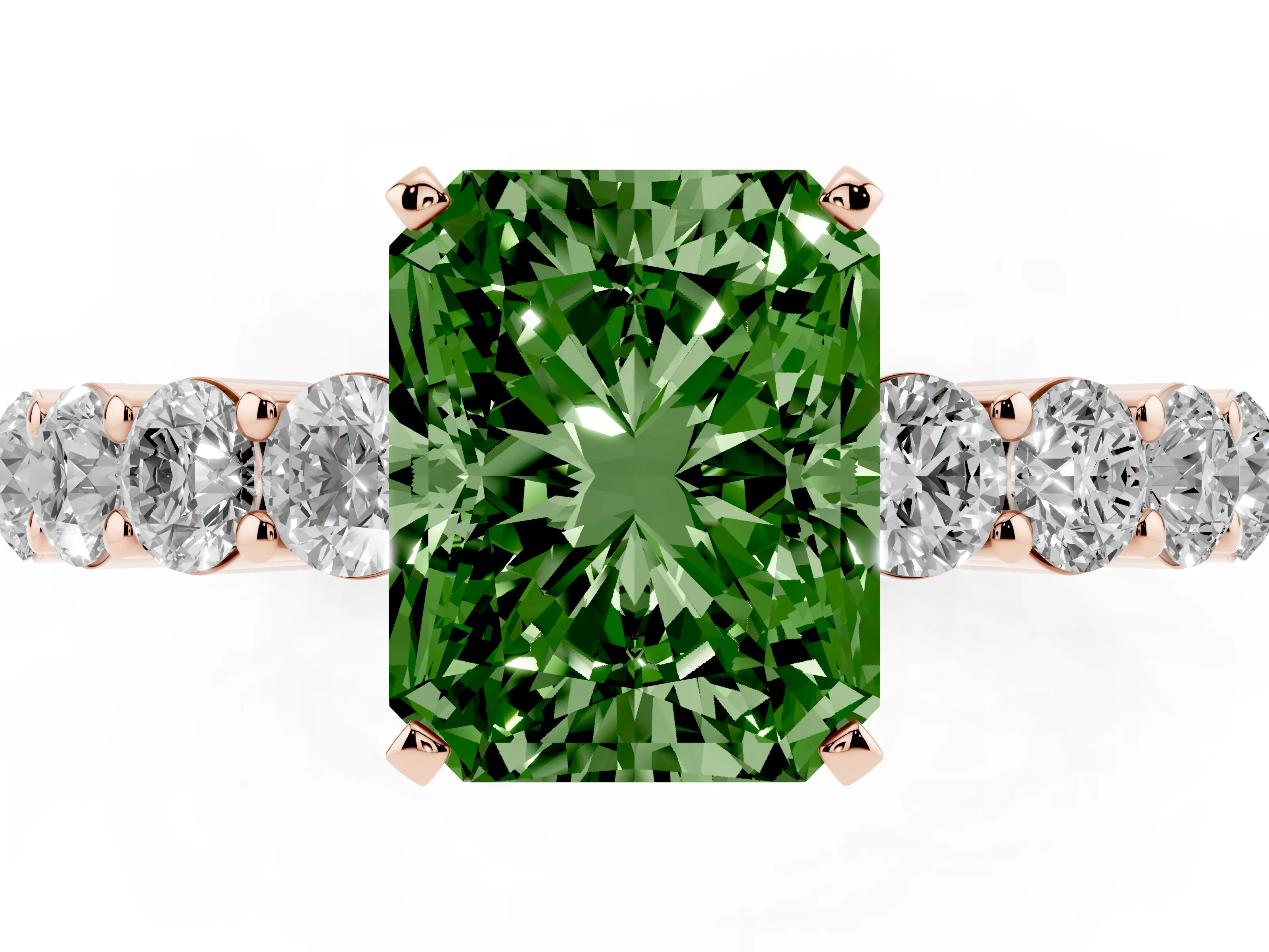 Fancy Green Radiant Cut Diamond Solitaire Ring Set in Rose gold with Shared Prong Round Side Stones