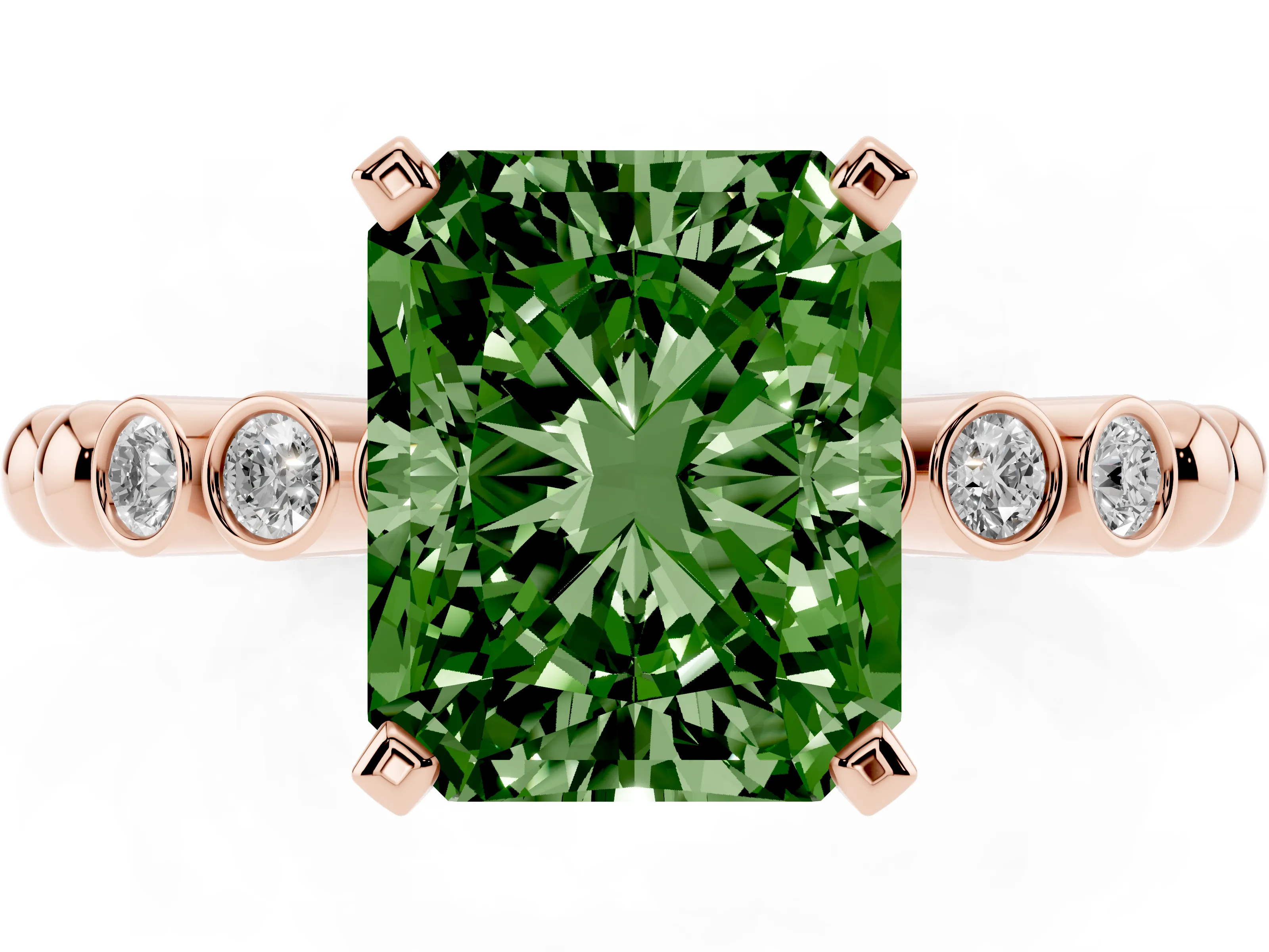 Fancy Green Radiant Cut Diamond Solitaire Engagement Ring Set in Rose gold with Bezel Accents on Beaded Band