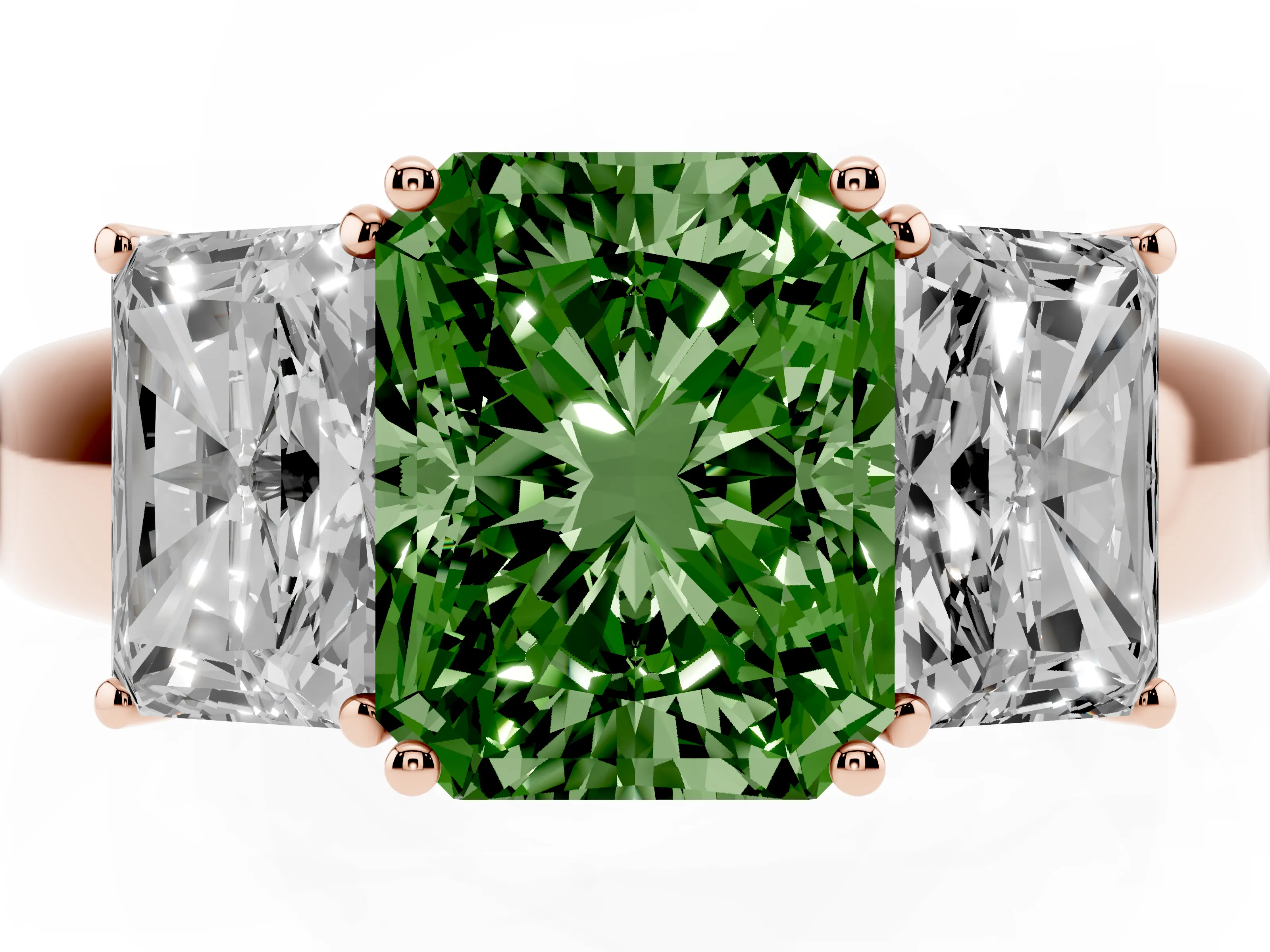 Fancy Green Three-Stone Radiant Cut Diamond Ring Set in Rose gold with Matching Prong Settings and Plain Band