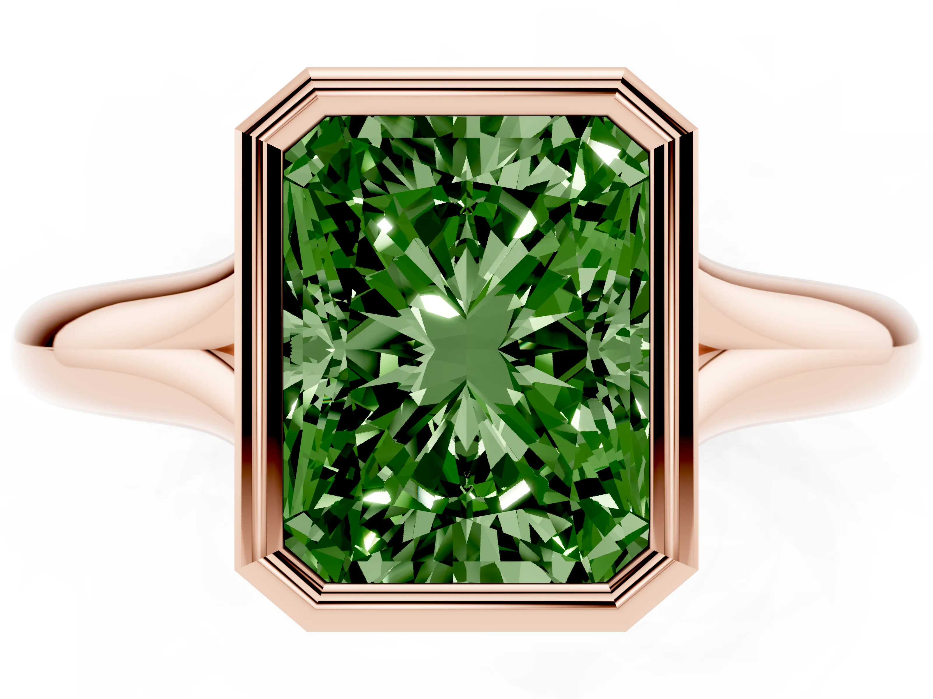 Fancy Green Bezel Set Radiant Cut Diamond Solitaire Ring Set in Rose gold with Smooth Band