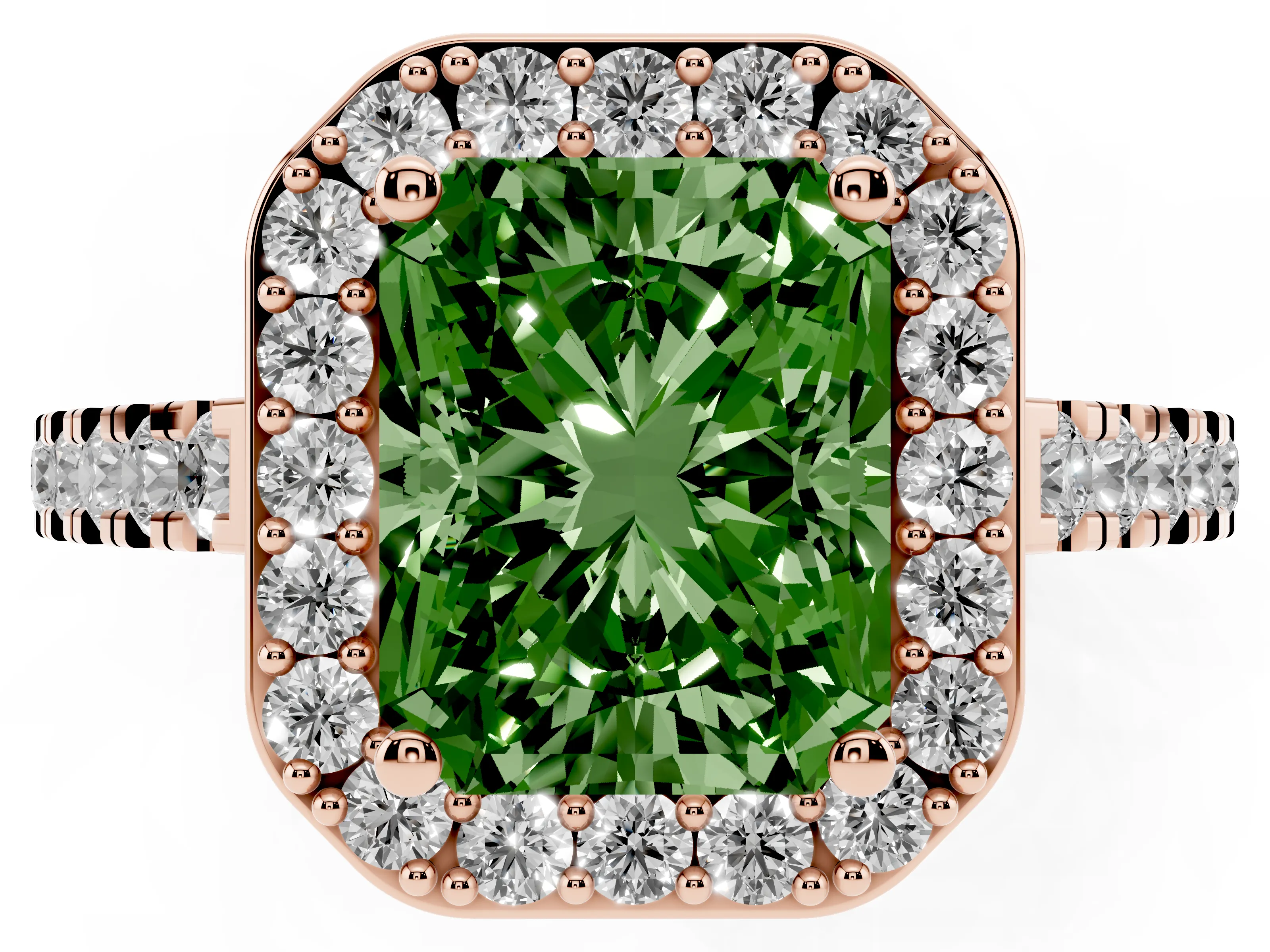 Fancy Green Radiant Cut Diamond Halo Ring Set in Rose gold with Round Pavé Split Shank and Prong Setting