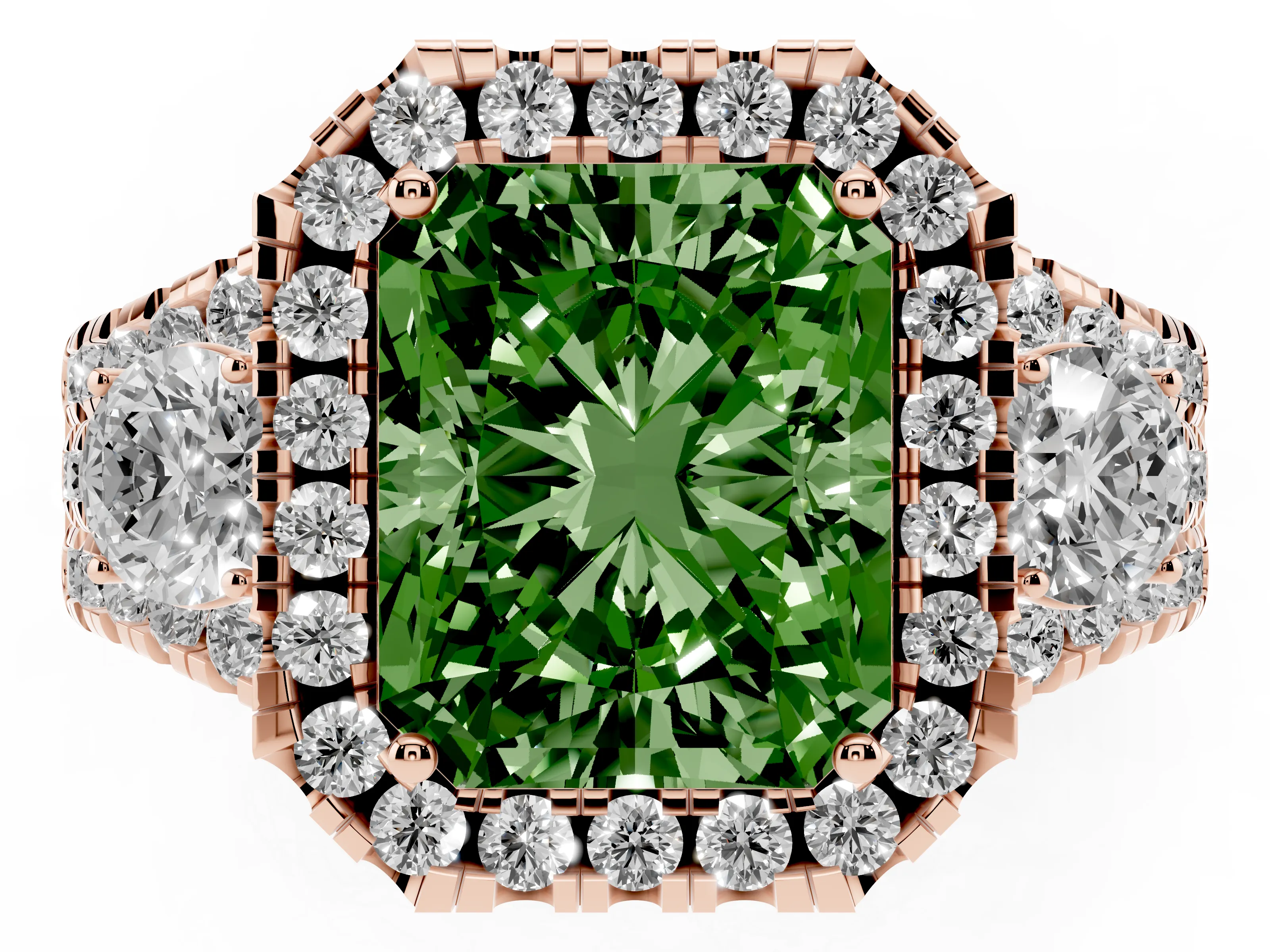 Fancy Green Radiant Cut Diamond Halo Split Shank Ring Set in Rose gold with Round Accent Stones and Prong Setting