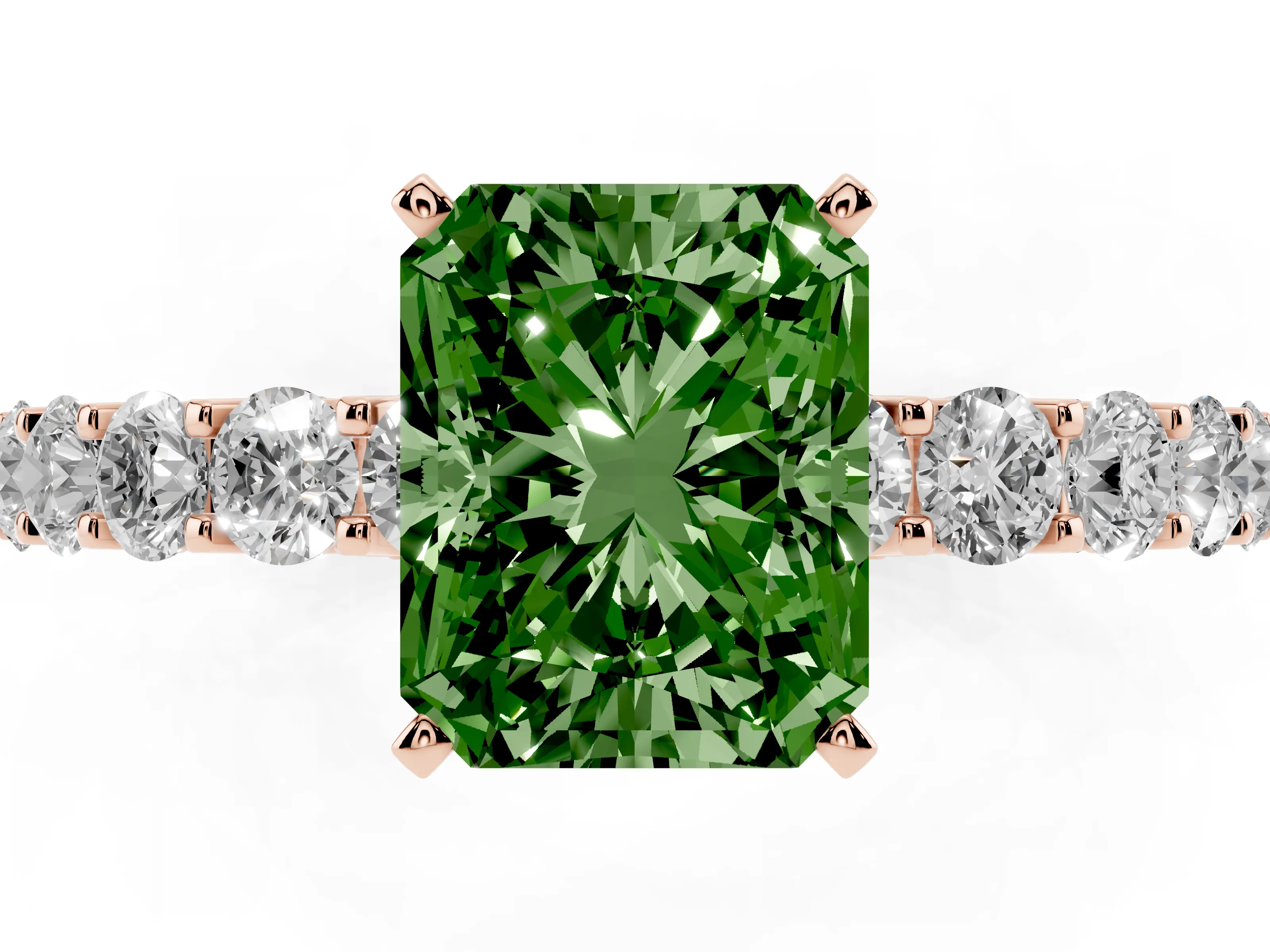 Fancy Green Radiant Cut Diamond Solitaire Ring Set in Rose gold with Shared Prong Pavé Band