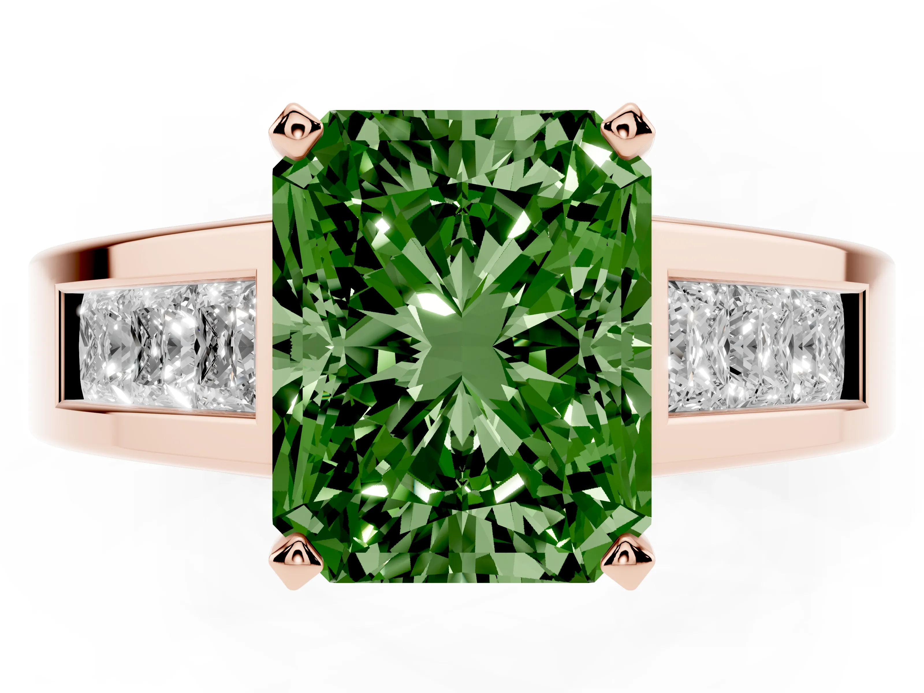 Fancy Green Radiant Cut Diamond Solitaire Ring Set in Rose gold with Channel-Set Accent Stones and Prong Setting