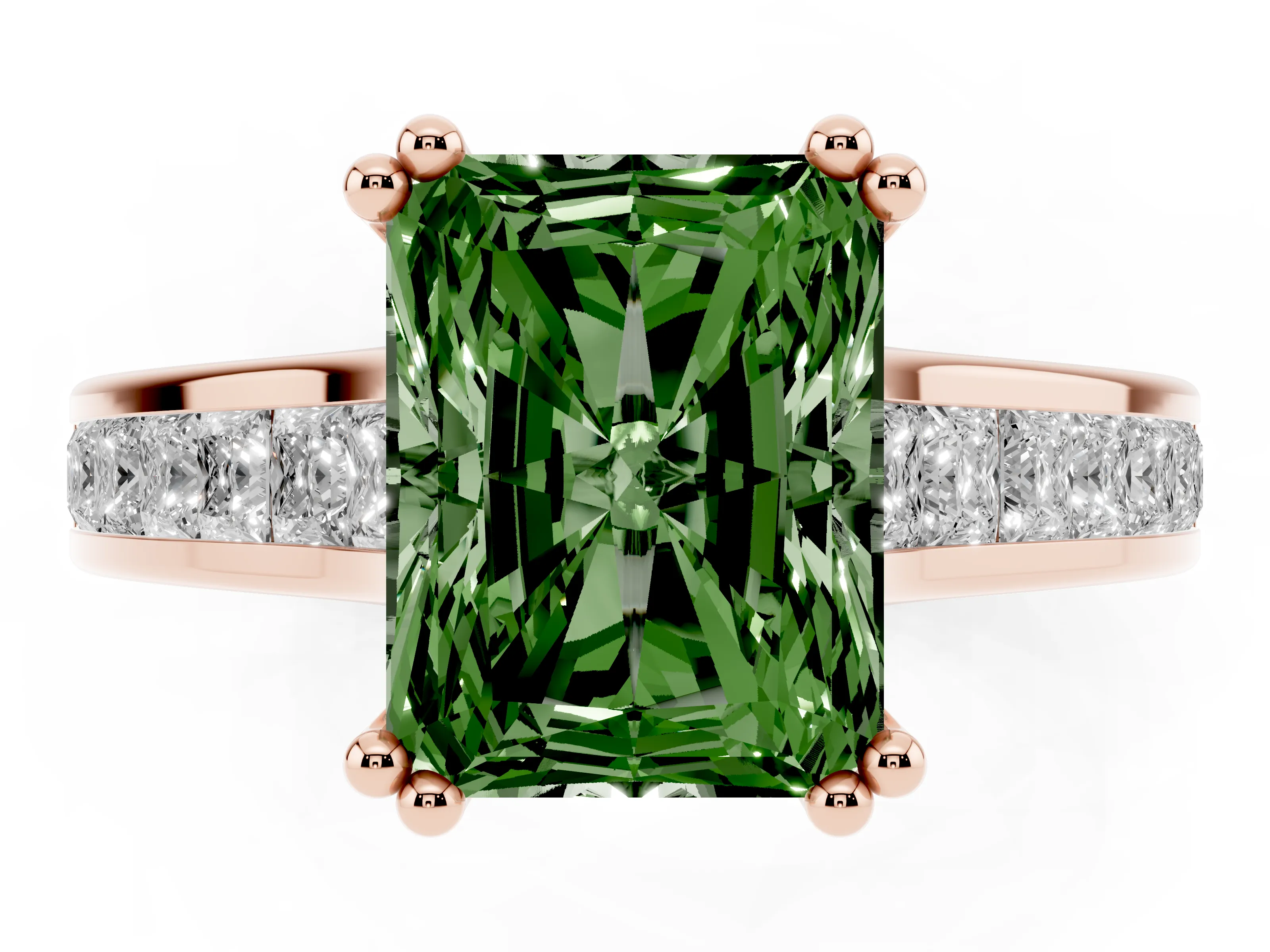 Fancy Green Radiant Cut Diamond Channel Set Solitaire Engagement Ring Set in Rose gold with Prong Setting