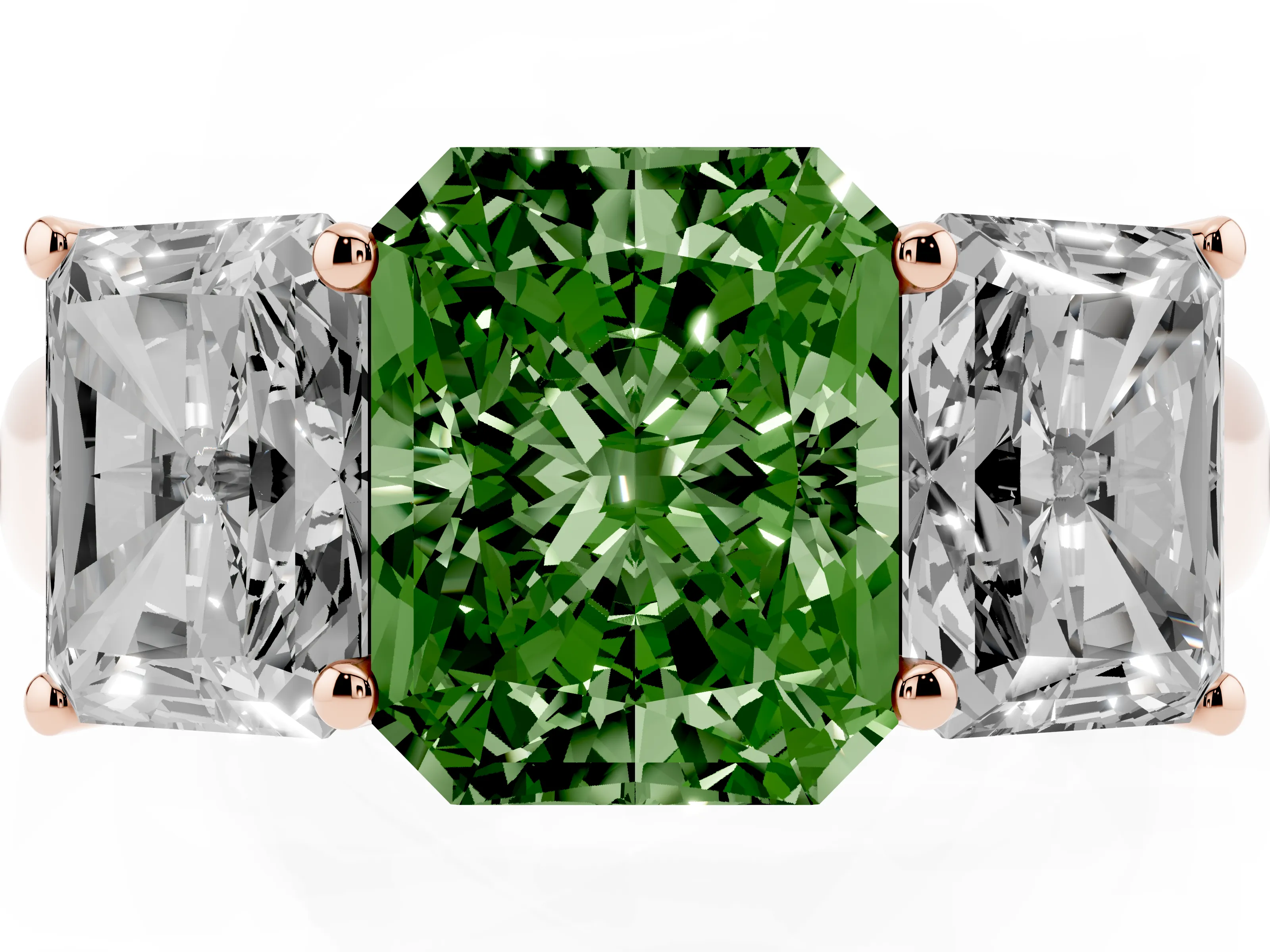Fancy Green Radiant Cut Diamond Three-Stone Ring Set in Rose gold with Plain Polished Band