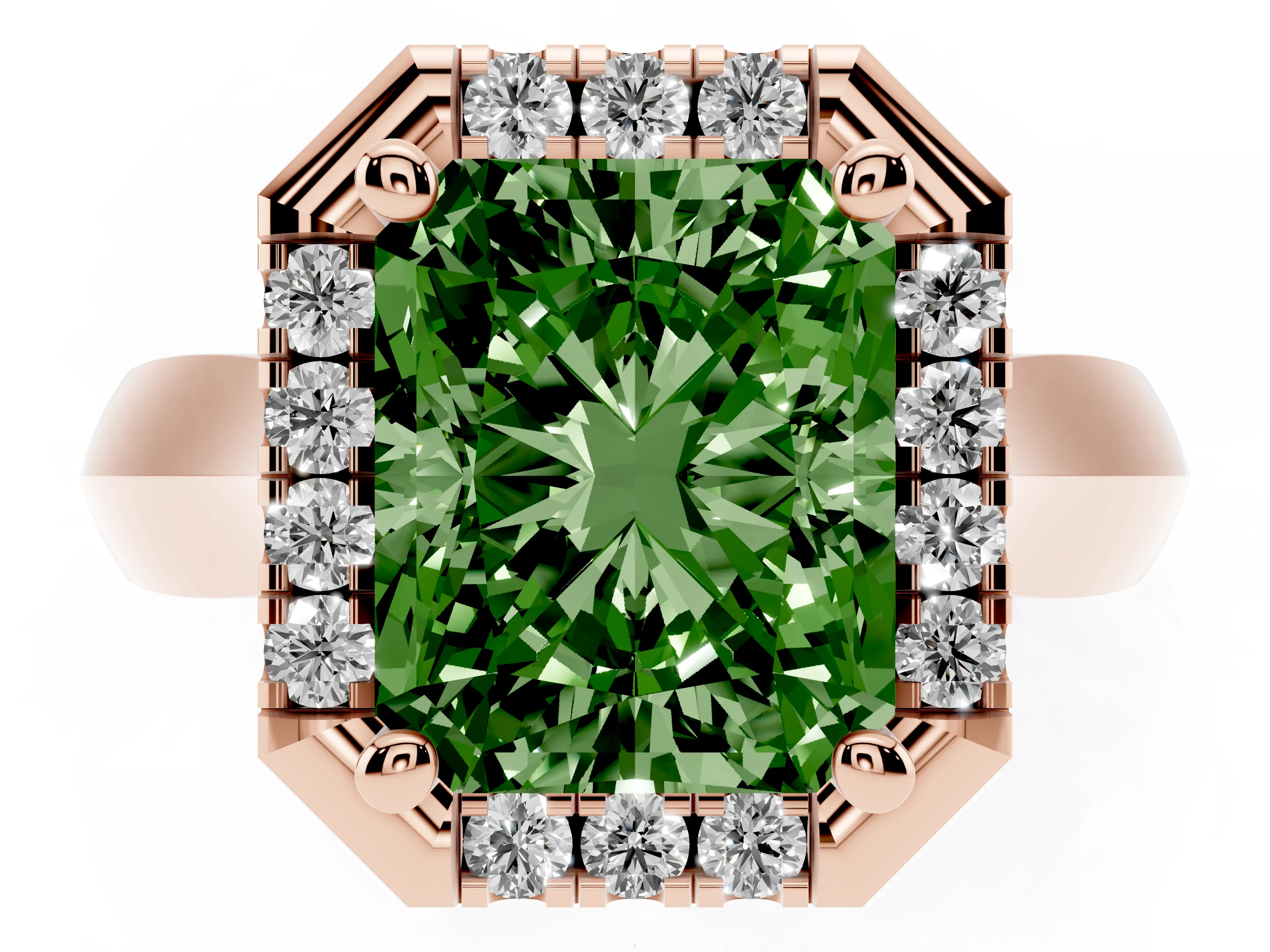 Fancy Green Radiant Cut Diamond Halo Solitaire Engagement Ring Set in Rose gold with Square Band and Prong Setting