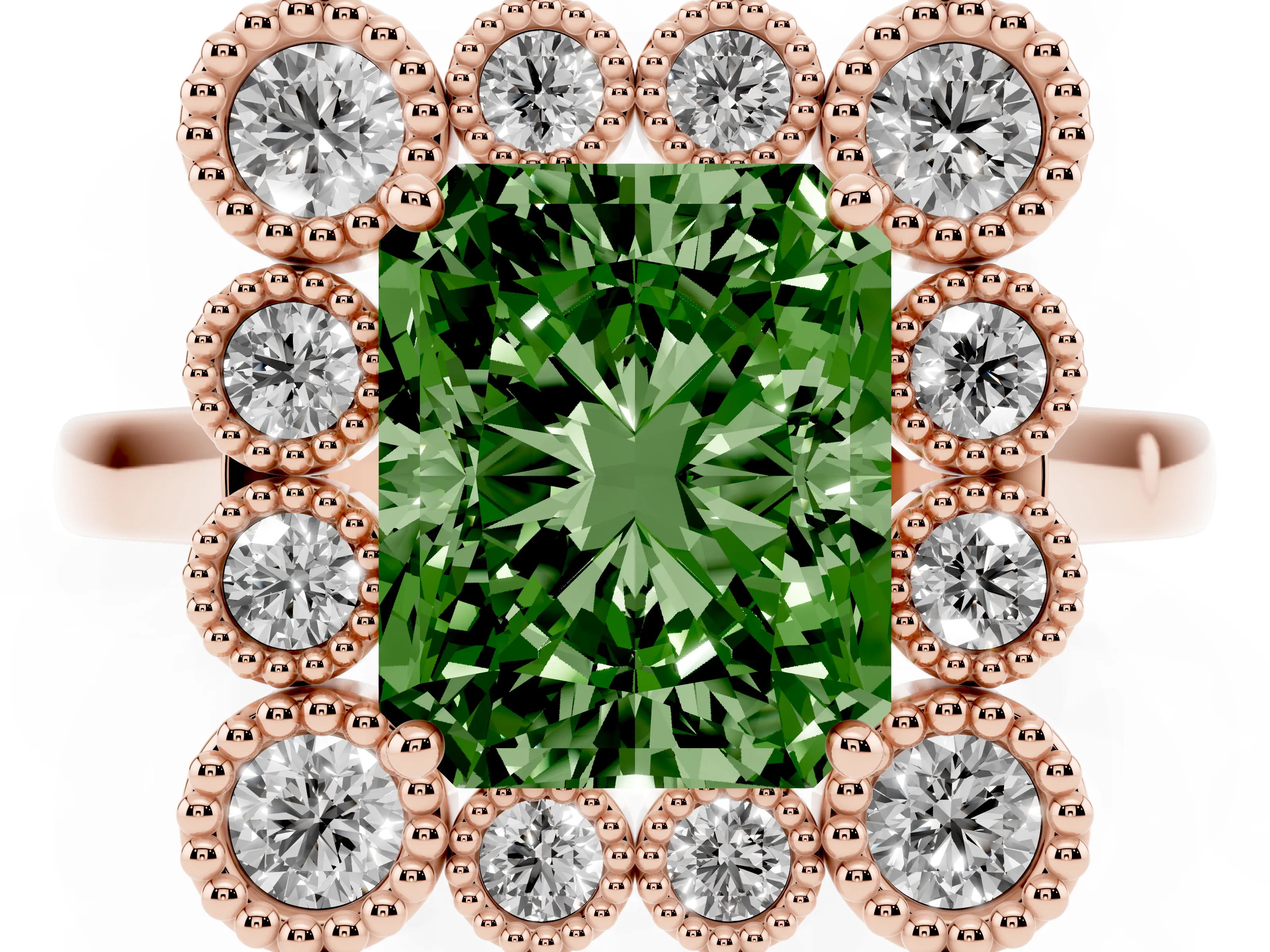 Fancy Green Radiant Cut Diamond Cluster Halo Ring Set in Rose gold with Milgrain Bezel Accents and Plain Band
