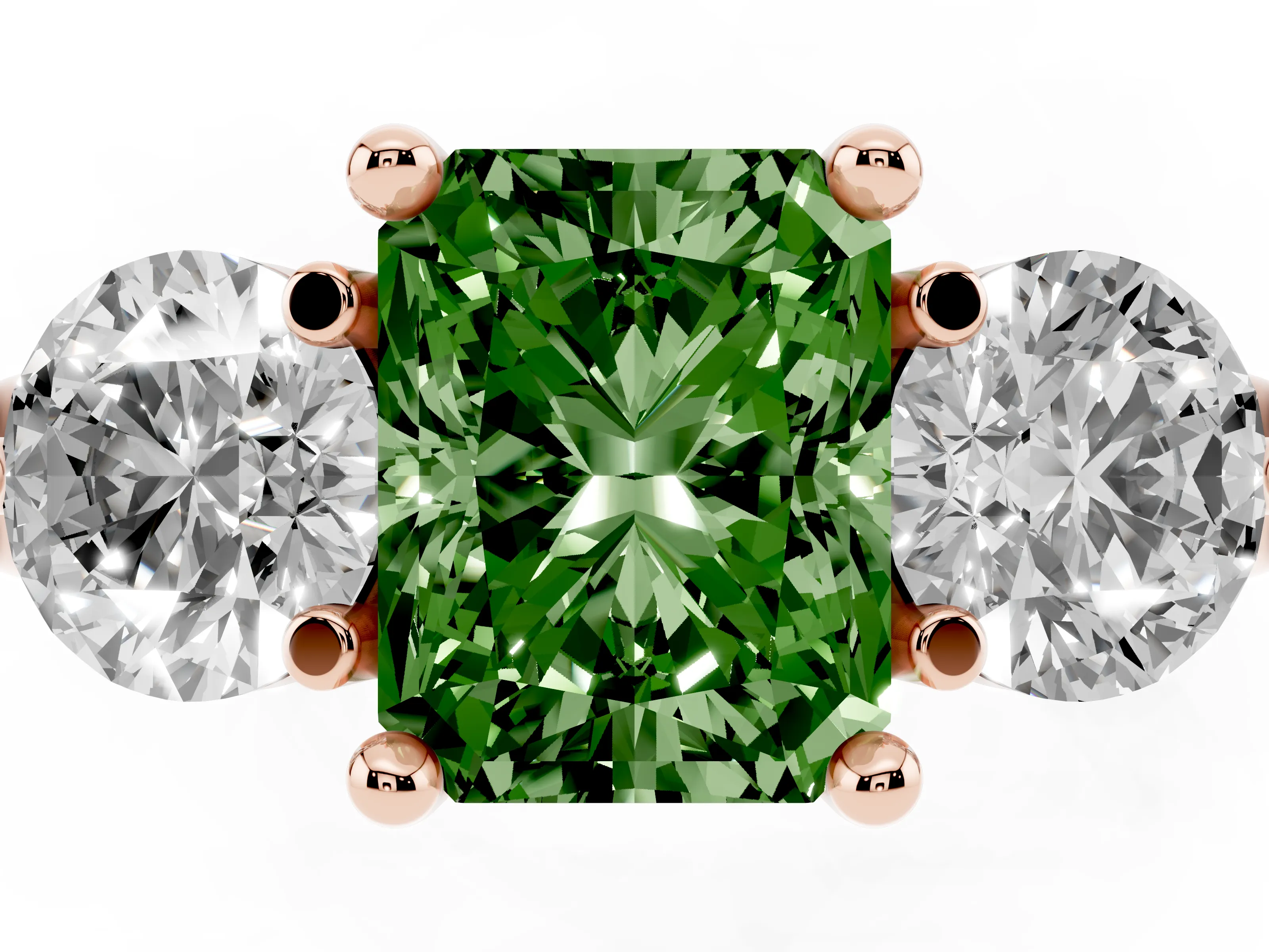 Fancy Green Radiant Cut Diamond Three-Stone Ring Set in Rose gold with Prong Setting and Classic Band