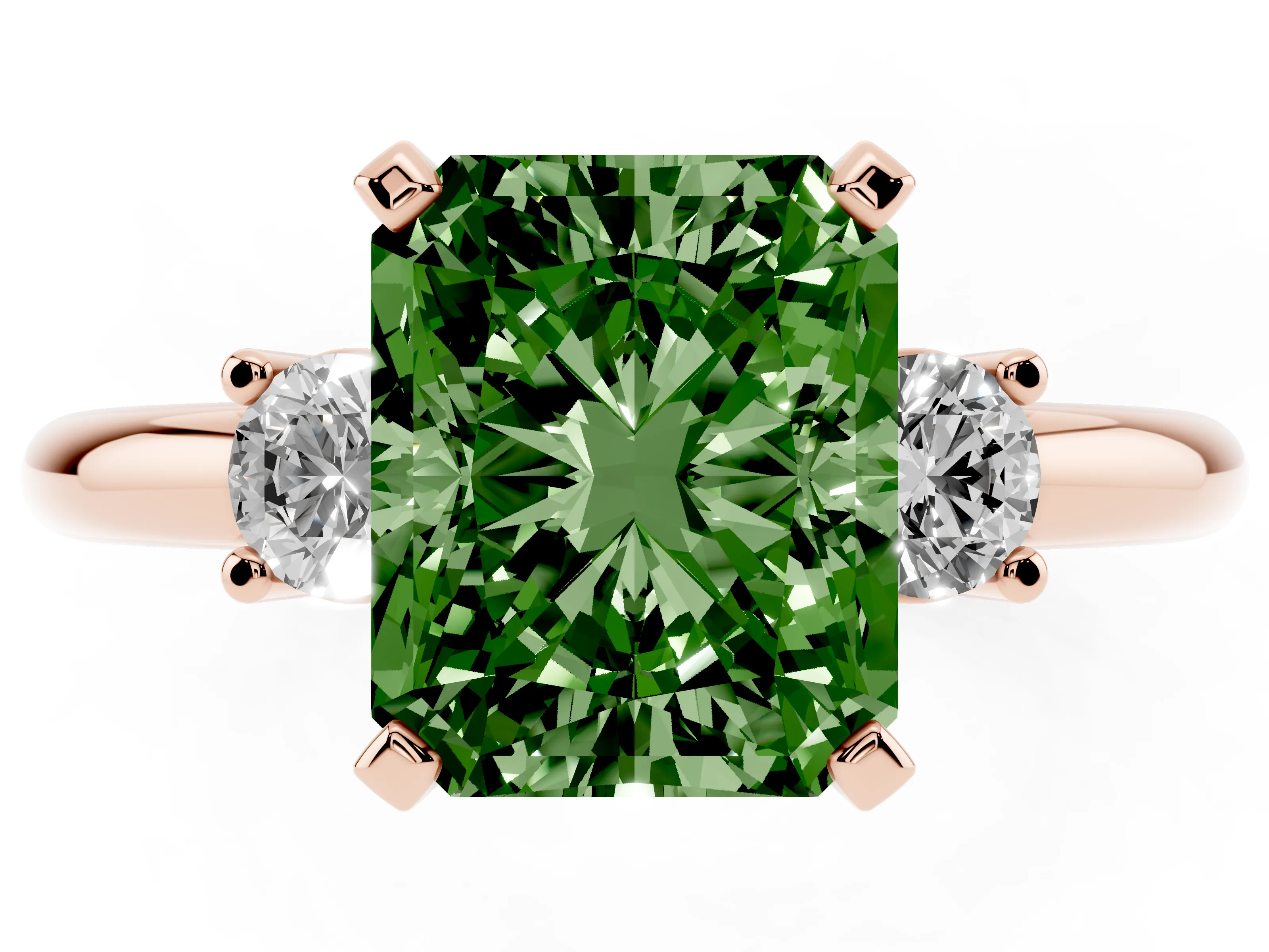 Fancy Green Three-Stone Radiant Cut Diamond Ring Set in Rose gold with Prong Setting and Plain Band