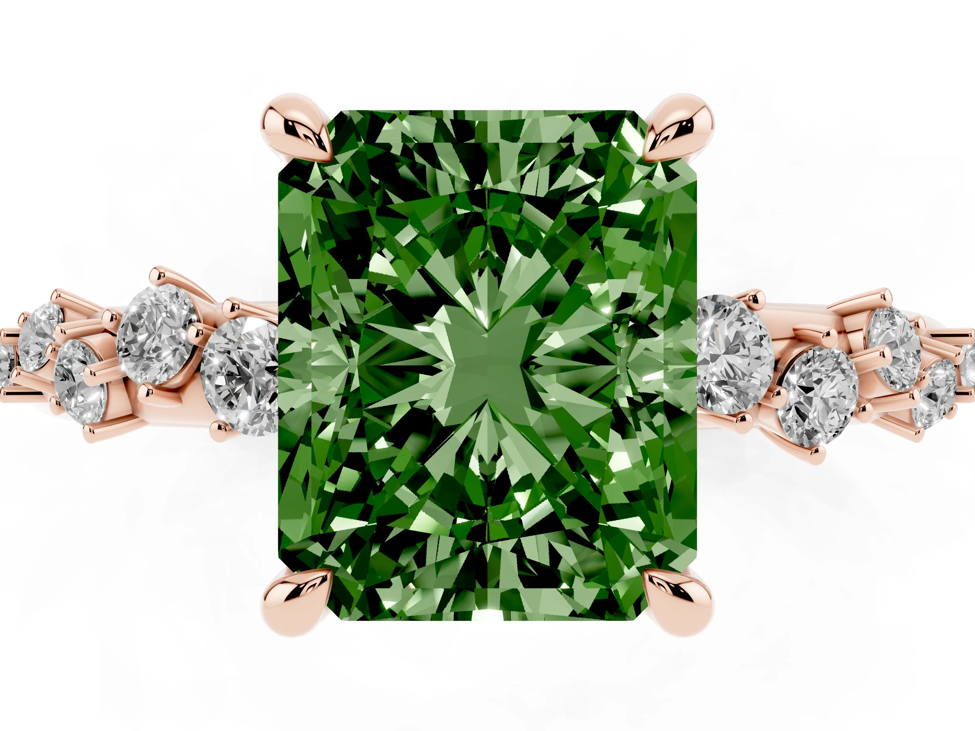 Fancy Green Radiant Cut Diamond Solitaire Vine Band Ring Set in Rose gold with Round Accents and Prong Setting