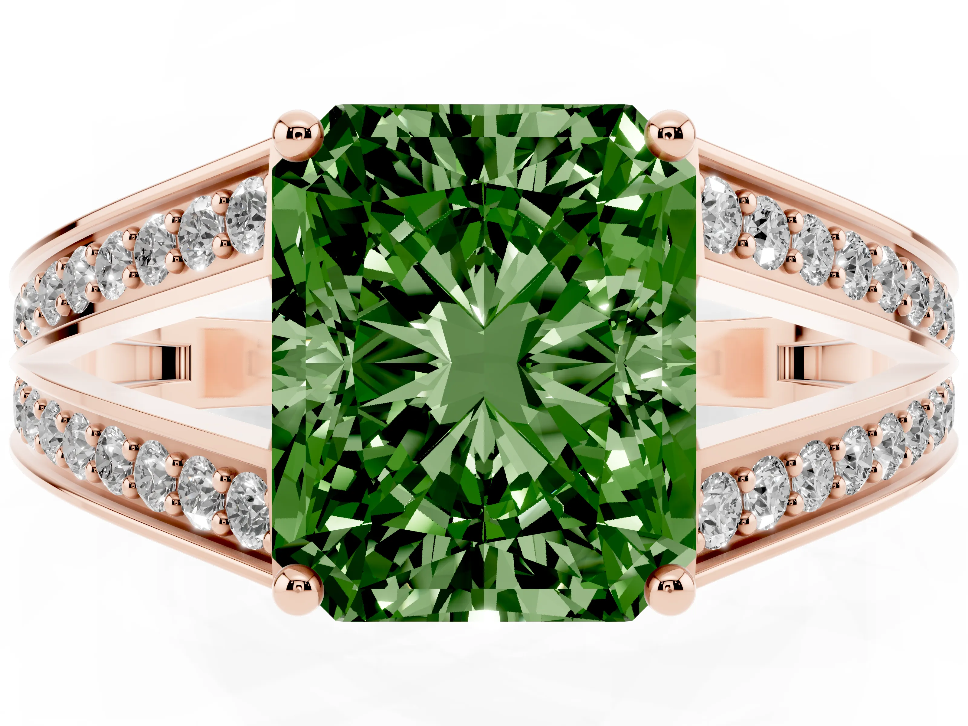 Fancy Green Radiant Cut Diamond Split Shank Ring Set in Rose gold with Pavé Band and Prong Setting