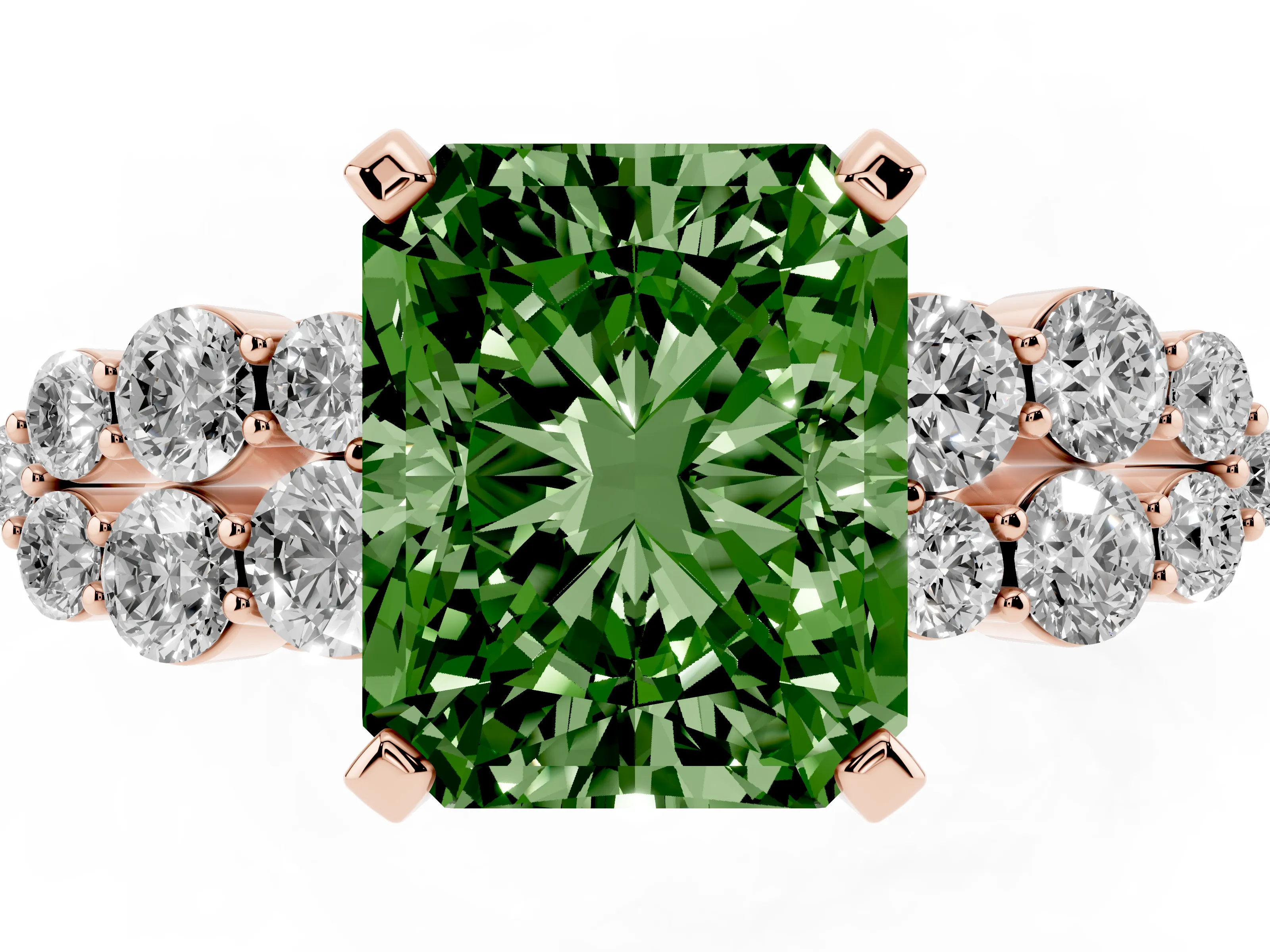 Fancy Green Radiant Cut Diamond Cluster Engagement Ring Set in Rose gold with Pavé Band and Prong Setting