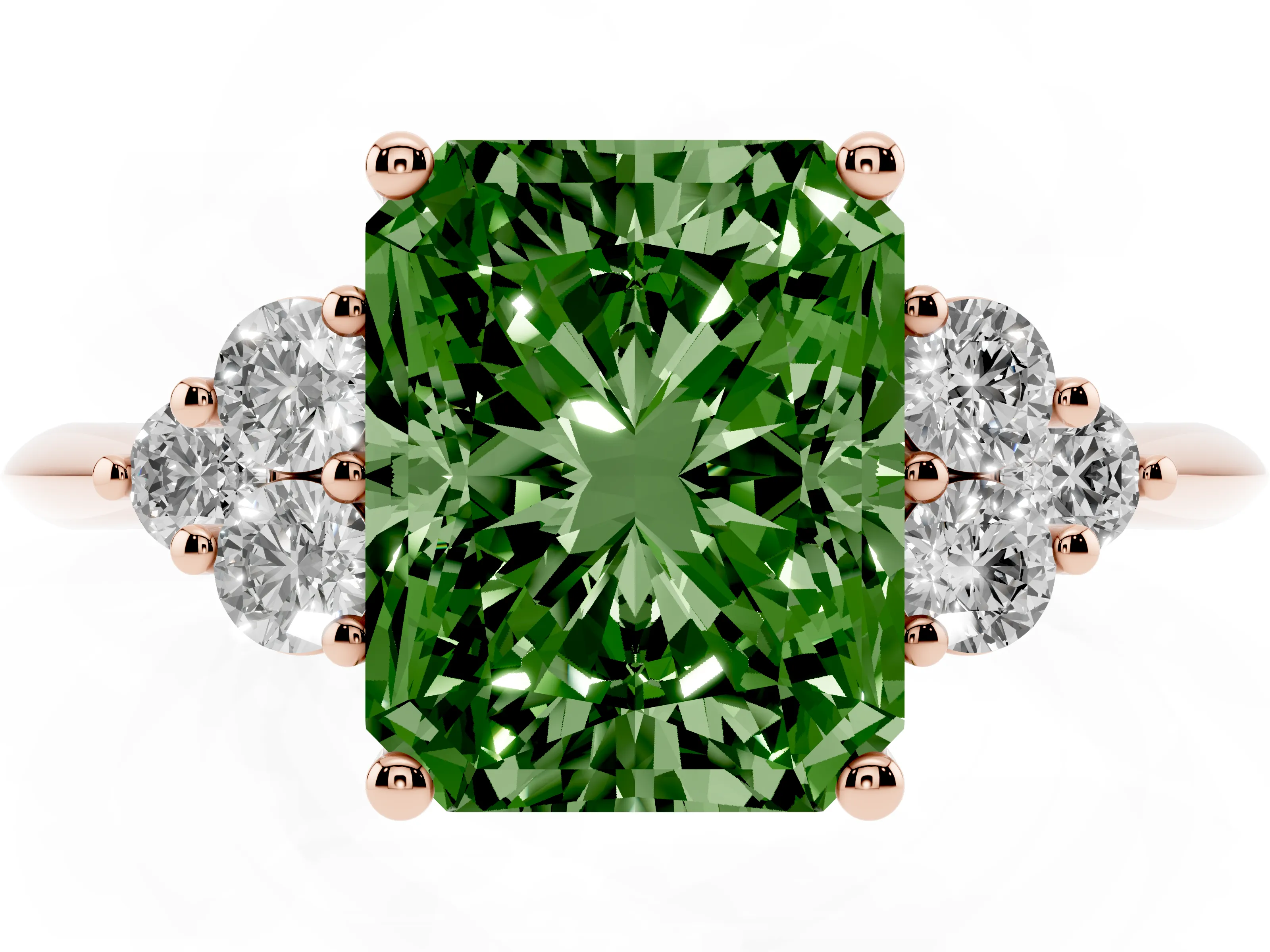 Fancy Green Radiant Cut Diamond Cluster Ring Set in Rose gold with Plain Band and Prong Setting