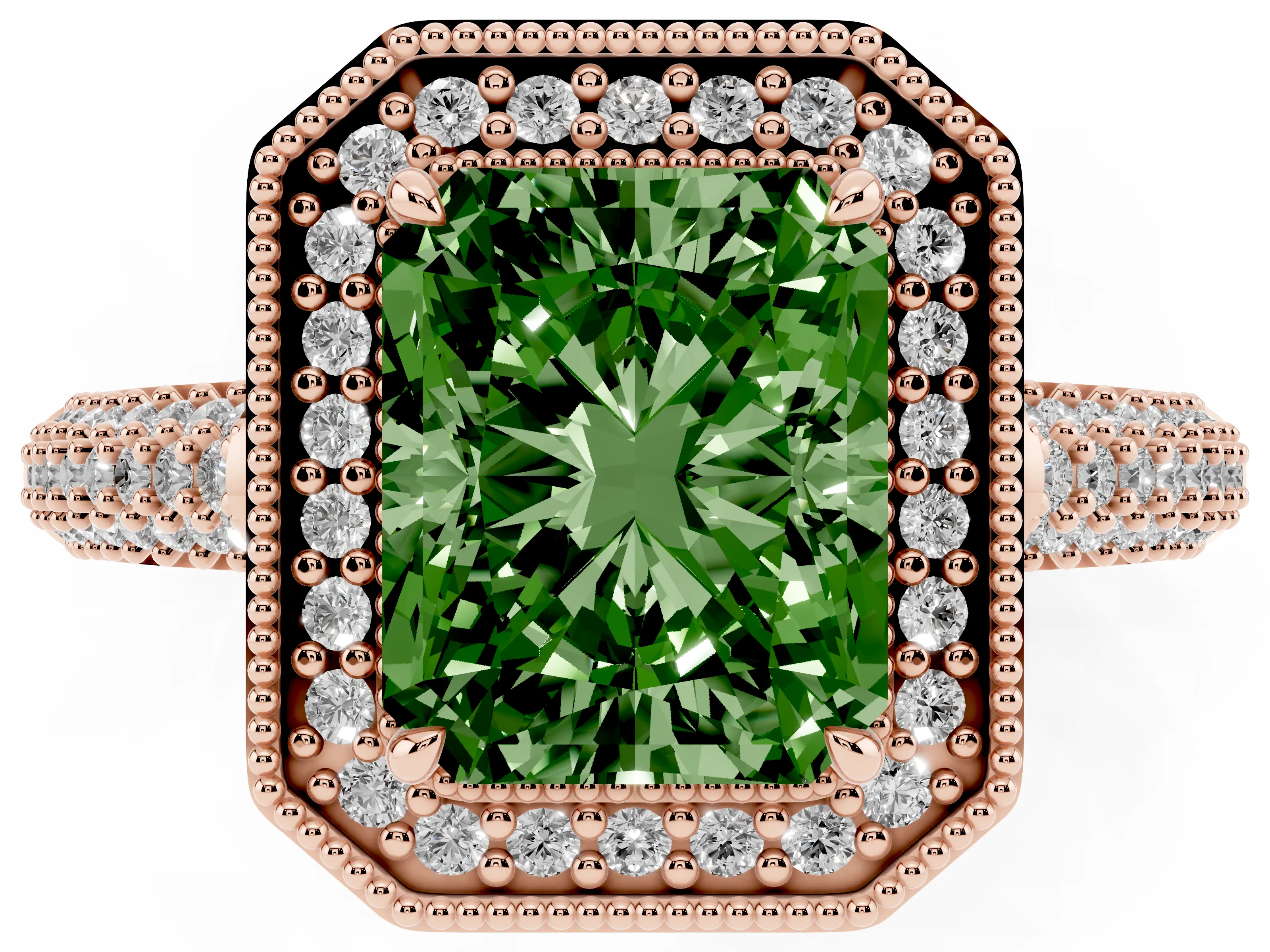 Fancy Green Radiant Cut Diamond Halo Pavé Band Set in Rose gold with Prong Setting