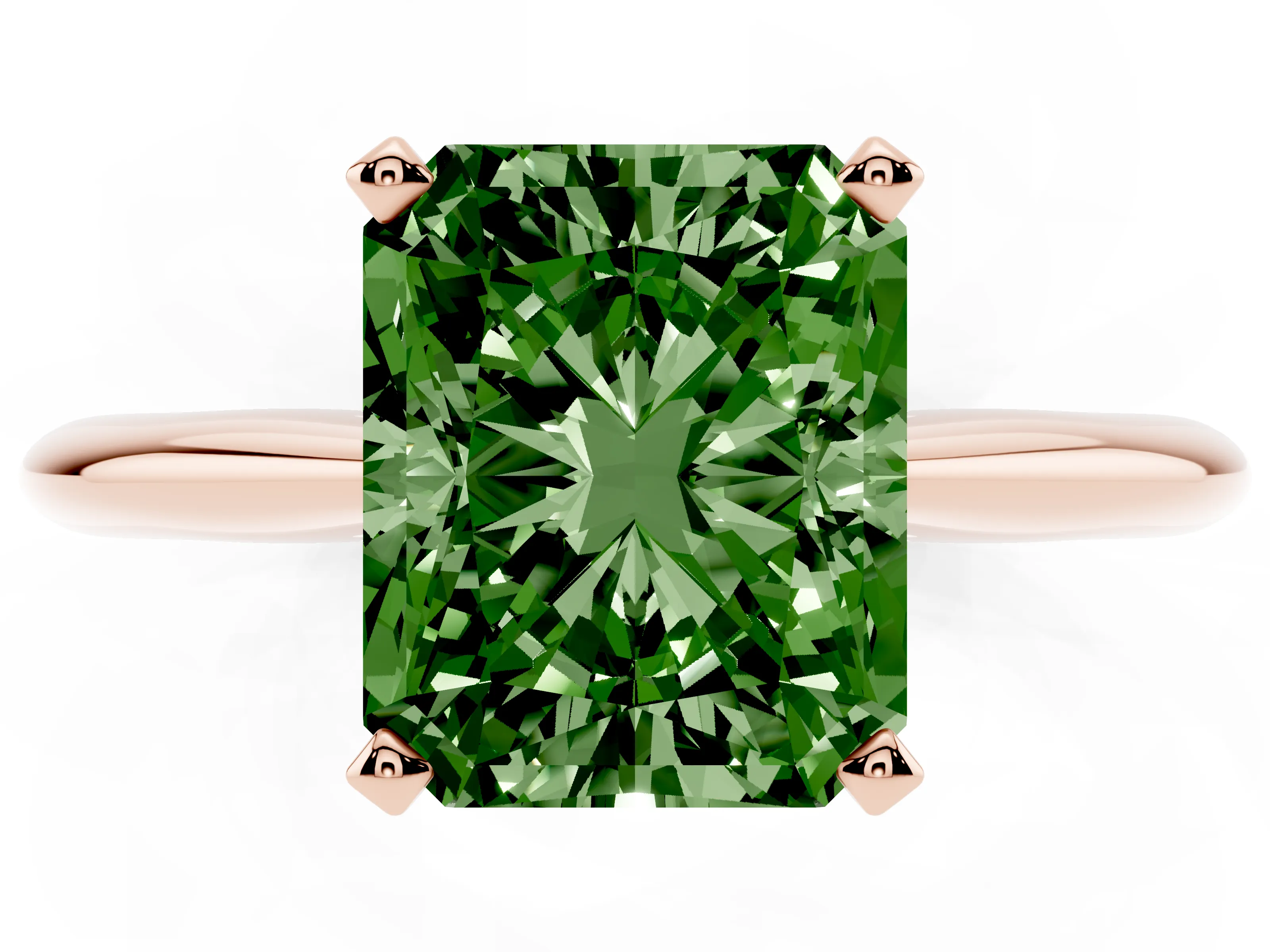 Fancy Green Radiant Cut Diamond Solitaire Ring Set in Rose gold with Prong Setting on a Plain Round Band