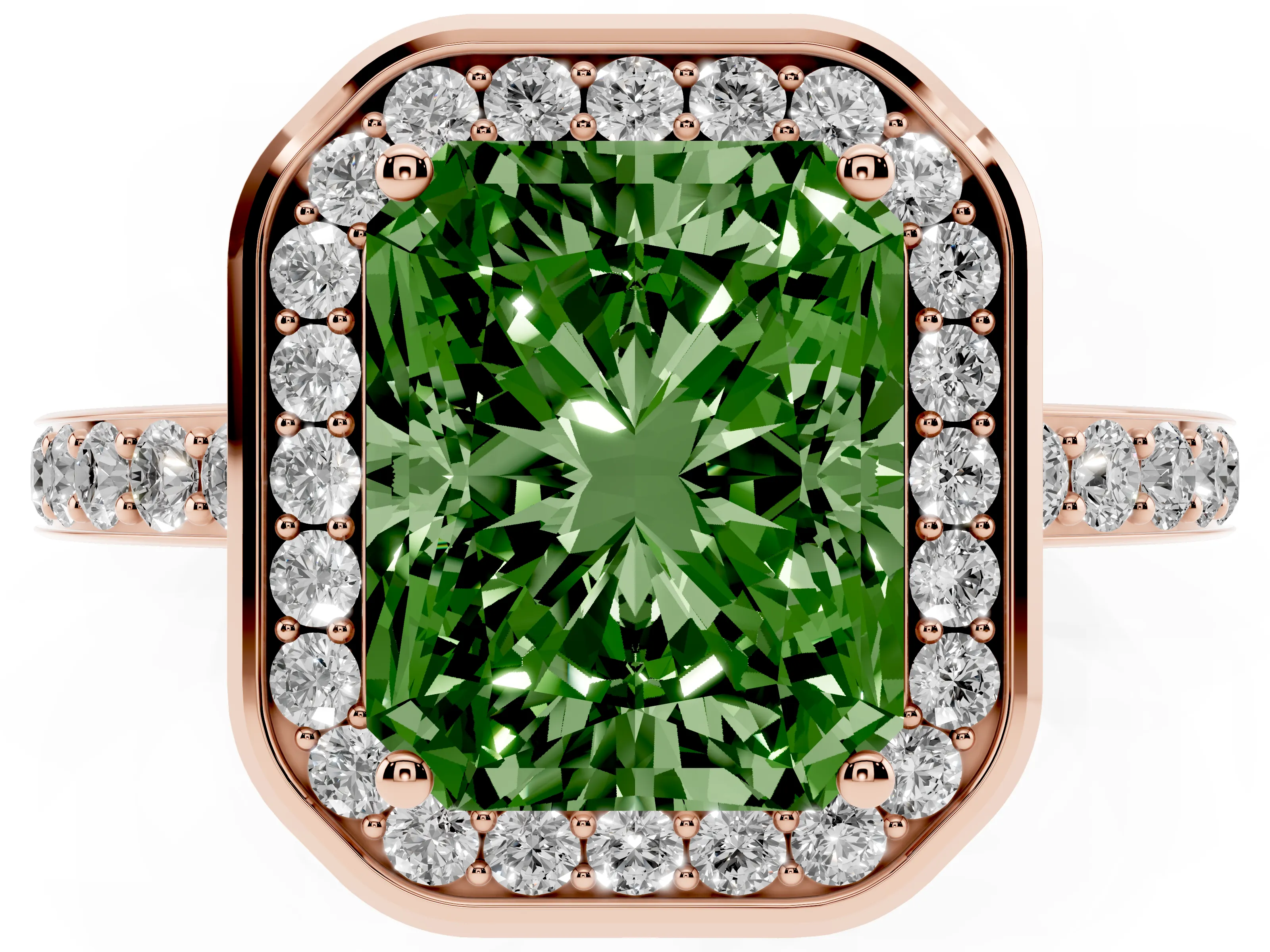 Fancy Green Radiant Cut Diamond Halo Ring Set in Rose gold with Bezel Frame and Pavé Band