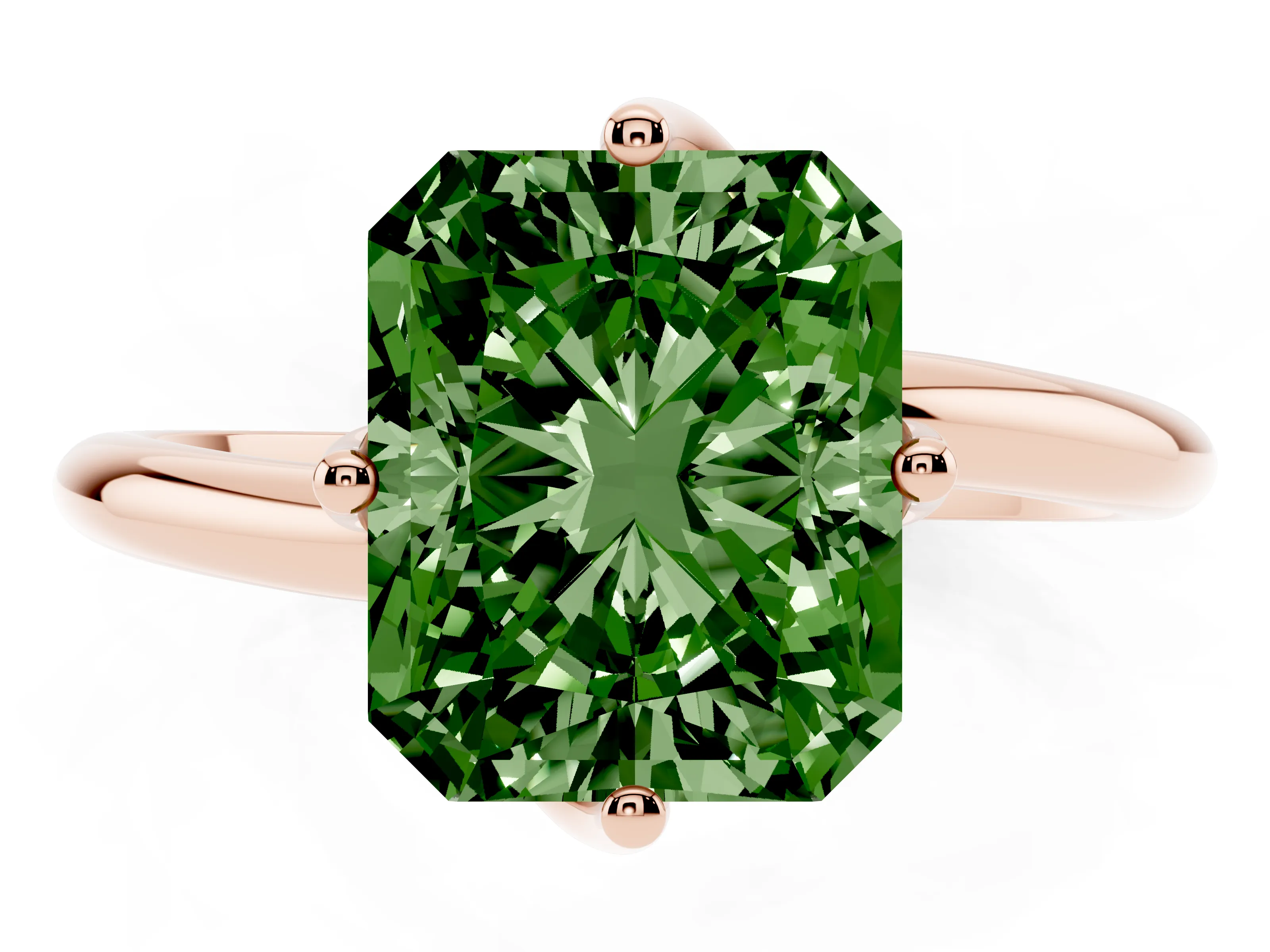 Fancy Green Radiant Cut Diamond Solitaire Engagement Ring Set in Rose gold with Classic Plain Band