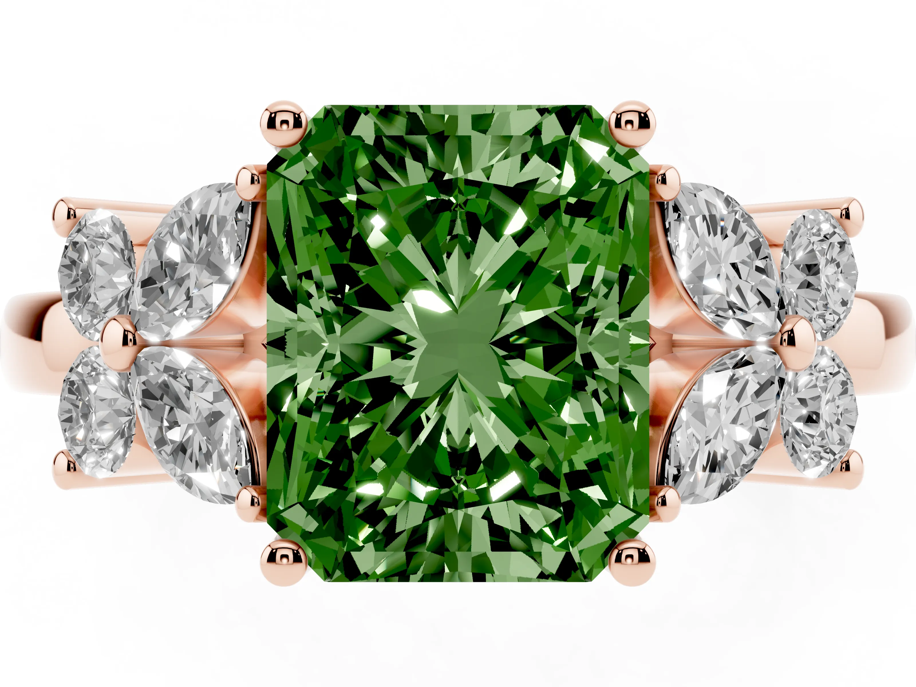 Fancy Green Radiant Cut Diamond Floral Cluster Ring Set in Rose gold with Marquise Petals and Prong Setting