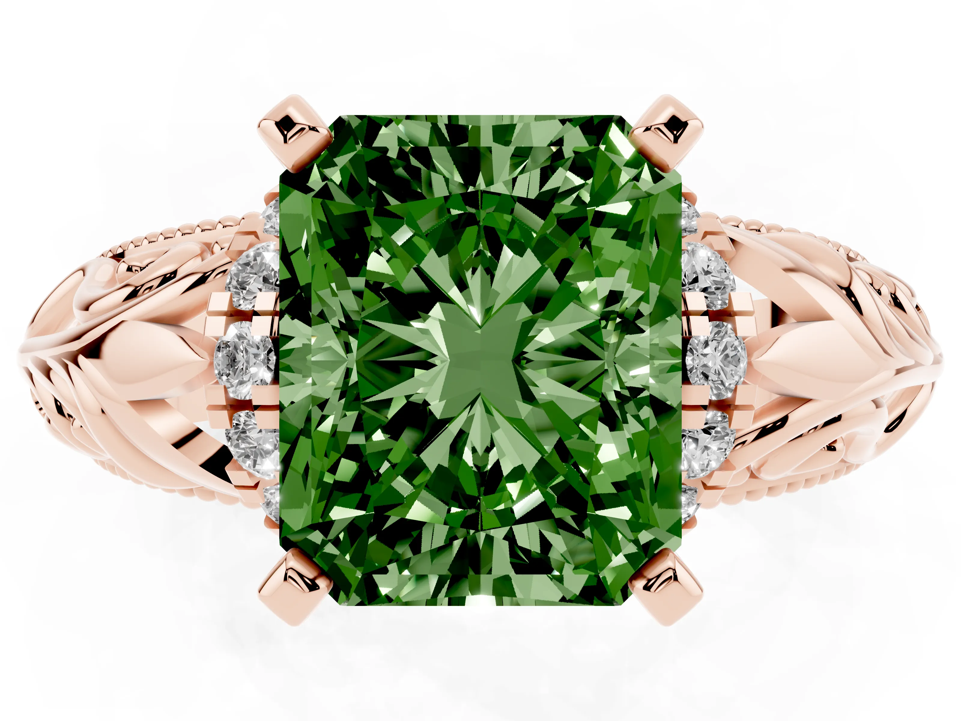 Fancy Green Radiant Cut Diamond Filigree Halo Engagement Ring Set in Rose gold with Prong Setting