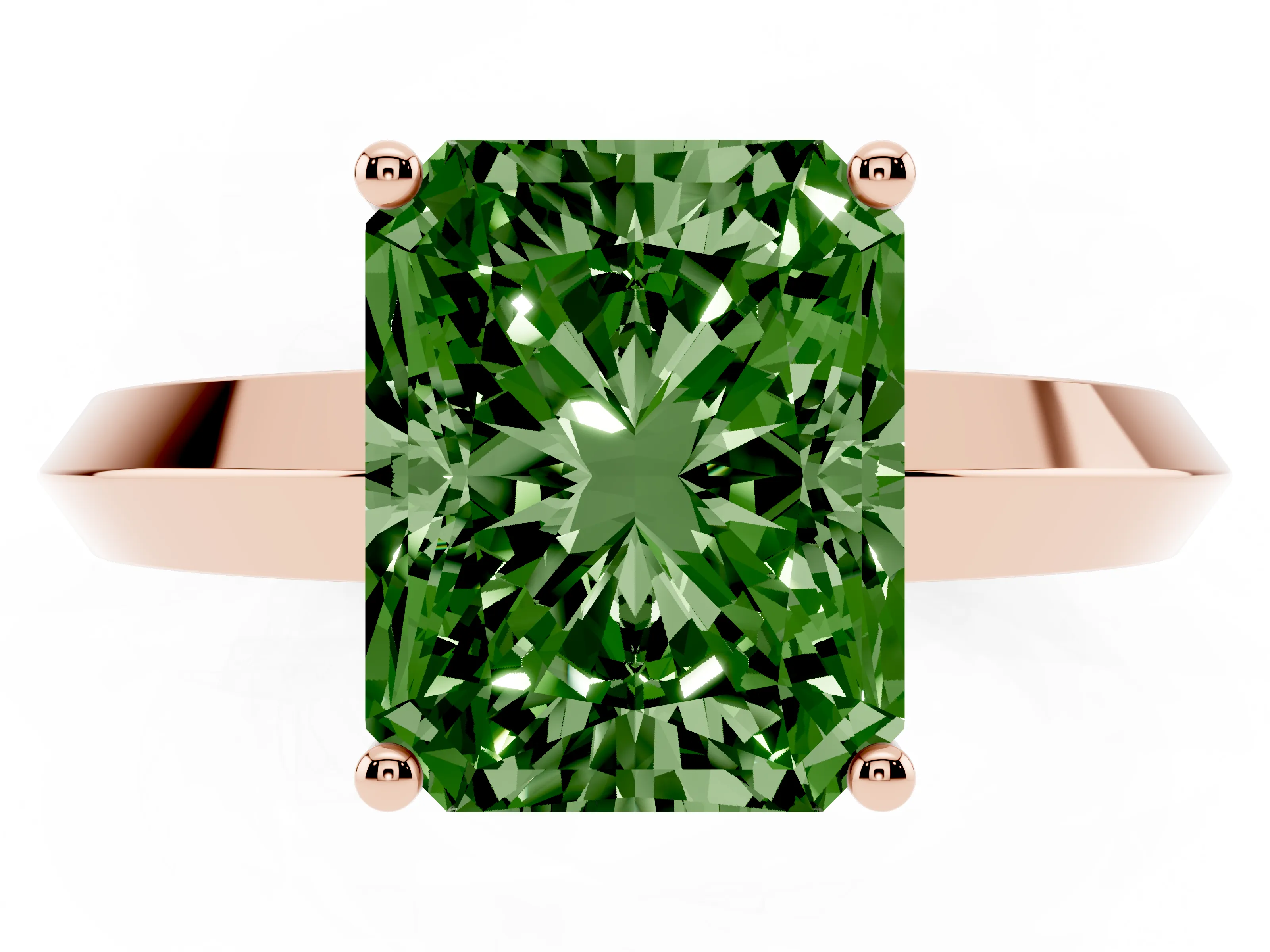 Fancy Green Radiant Cut Diamond Solitaire Engagement Ring Set in Rose gold with Flat Band and Prong Setting