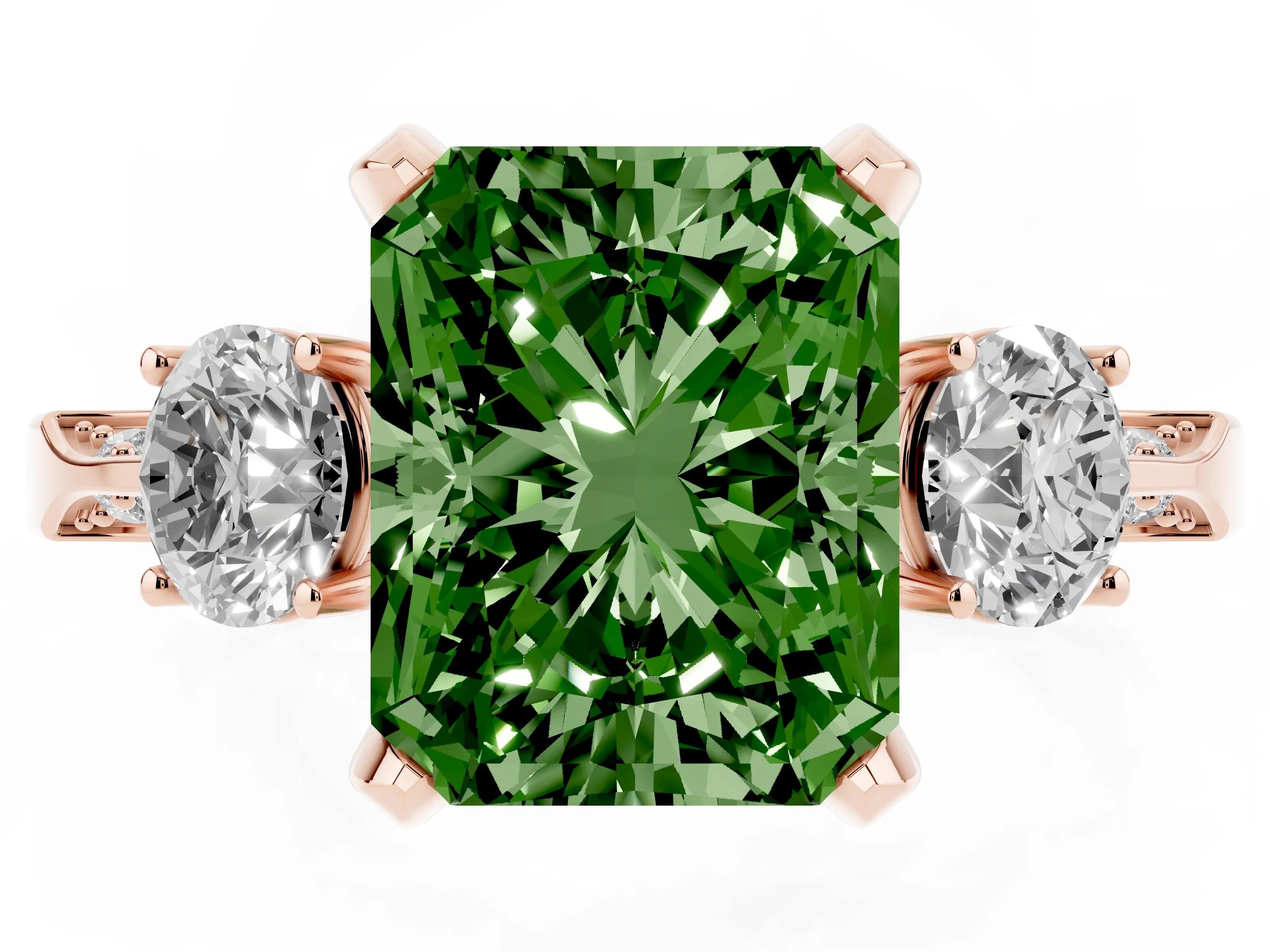 Fancy Green Radiant Cut Diamond Three-Stone Ring Set in Rose gold with Pavé Band and Smaller Side Stones