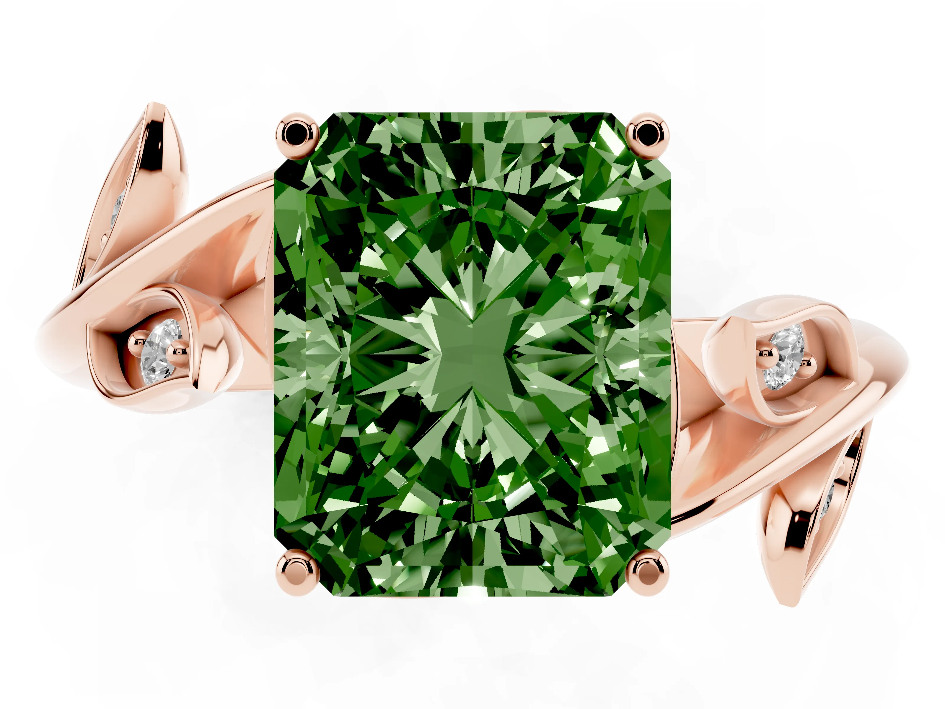 Fancy Green Radiant Cut Diamond Solitaire Twist Engagement Ring Set in Rose gold with Pavé Leaf Accents