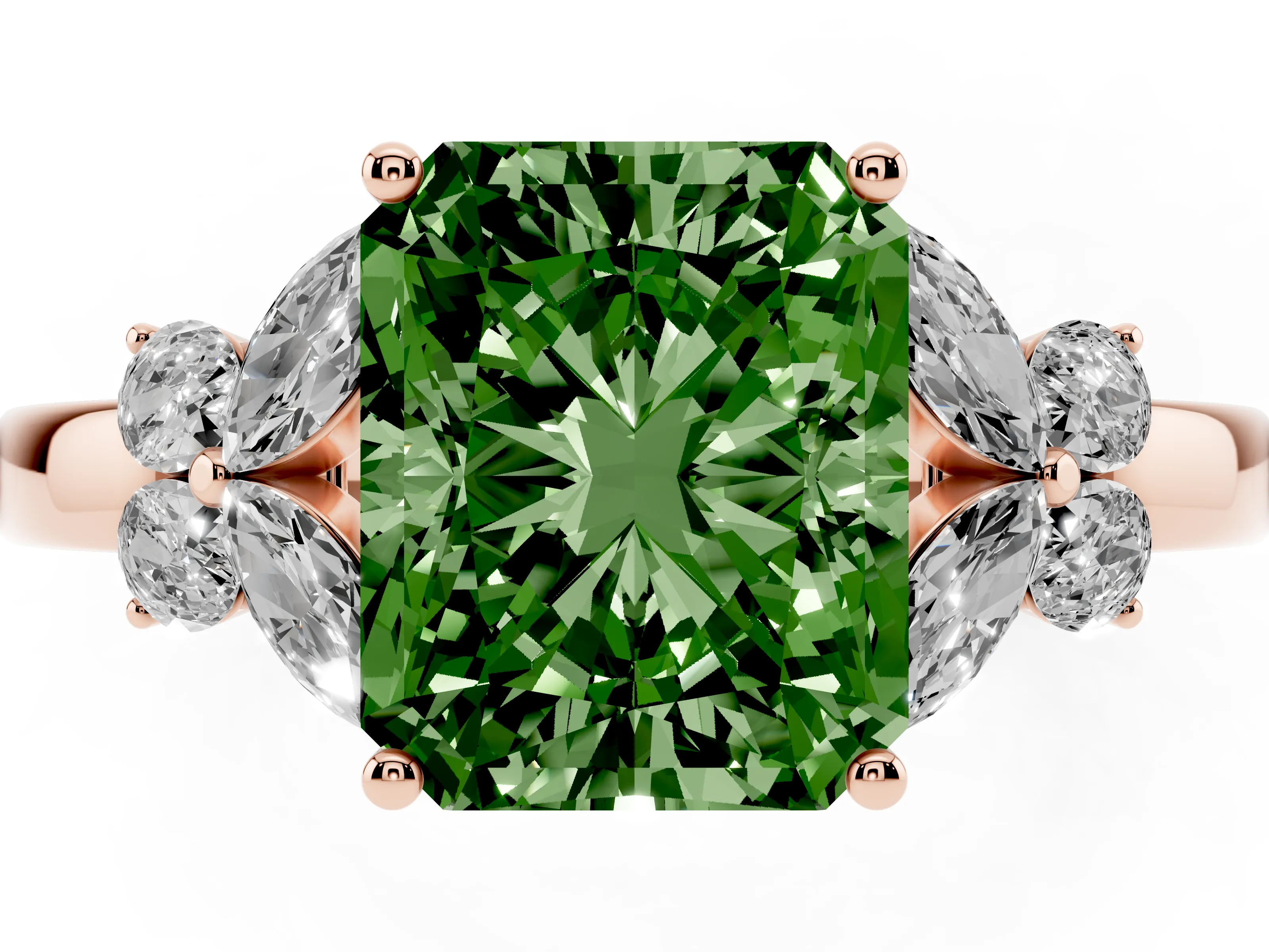 Fancy Green Radiant Cut Diamond Solitaire Floral Ring Set in Rose gold with Marquise Petals and Prong Setting