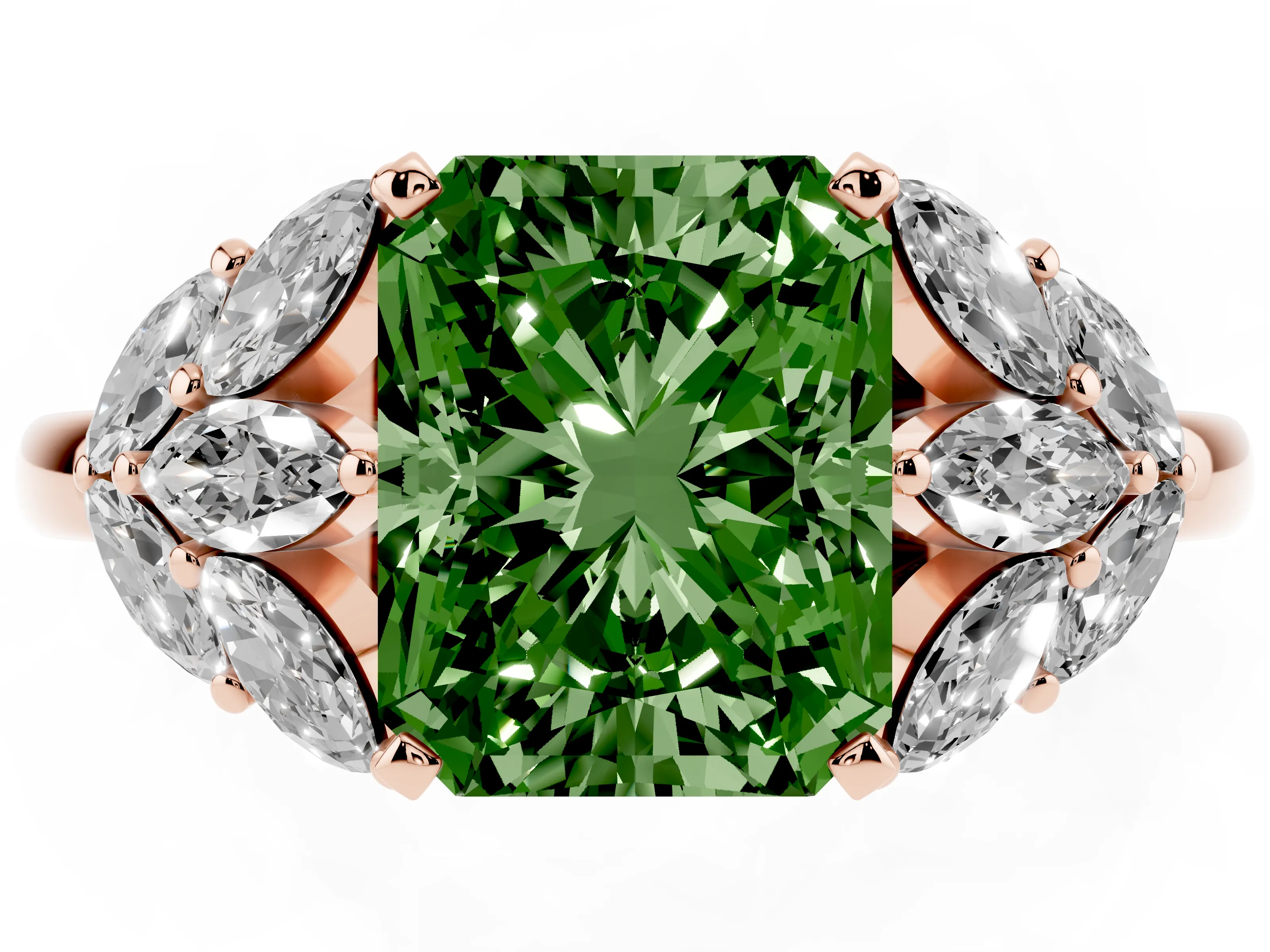 Fancy Green Radiant Cut Diamond Cluster Leaf Design Ring Set in Rose gold with Prong Setting