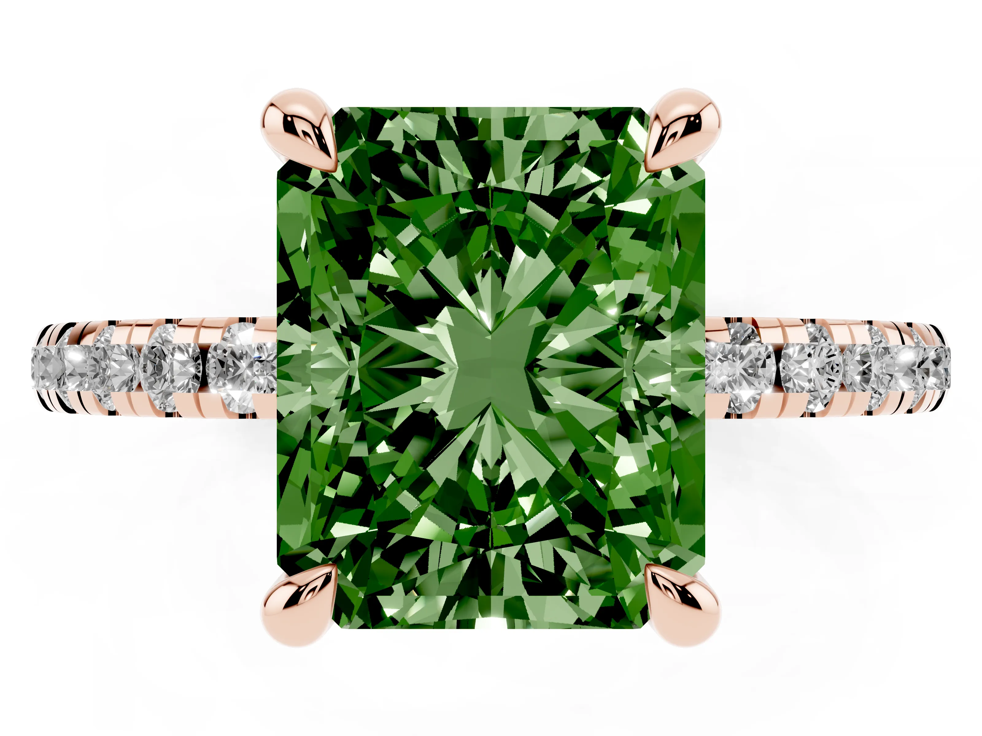Fancy Green Radiant Cut Diamond Brilliant Solitaire Ring Set in Rose gold with Pavé Band and Prong Setting