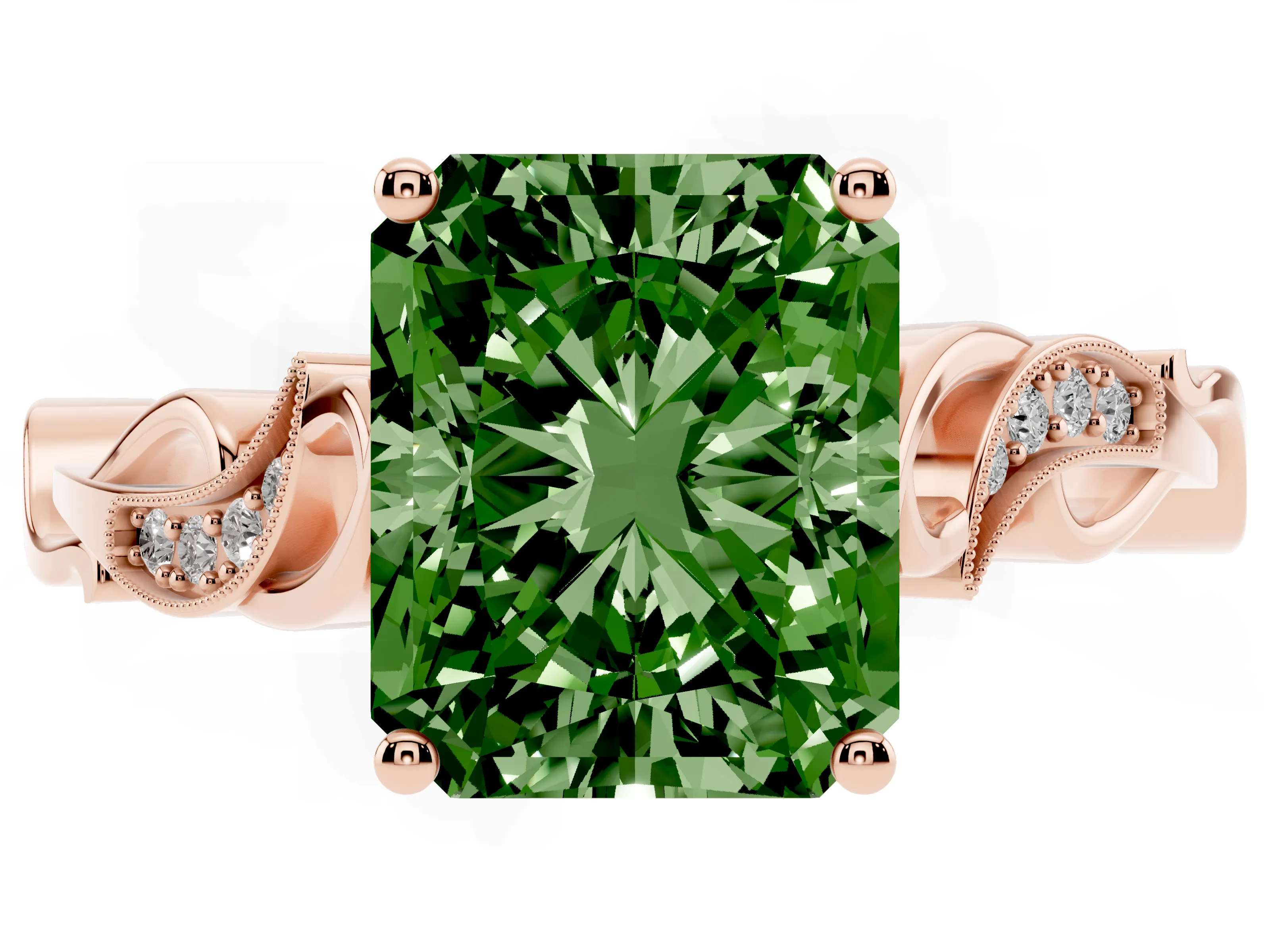 Fancy Green Radiant Cut Diamond Vine Band Solitaire Ring Set in Rose gold with Milgrain Prong Setting