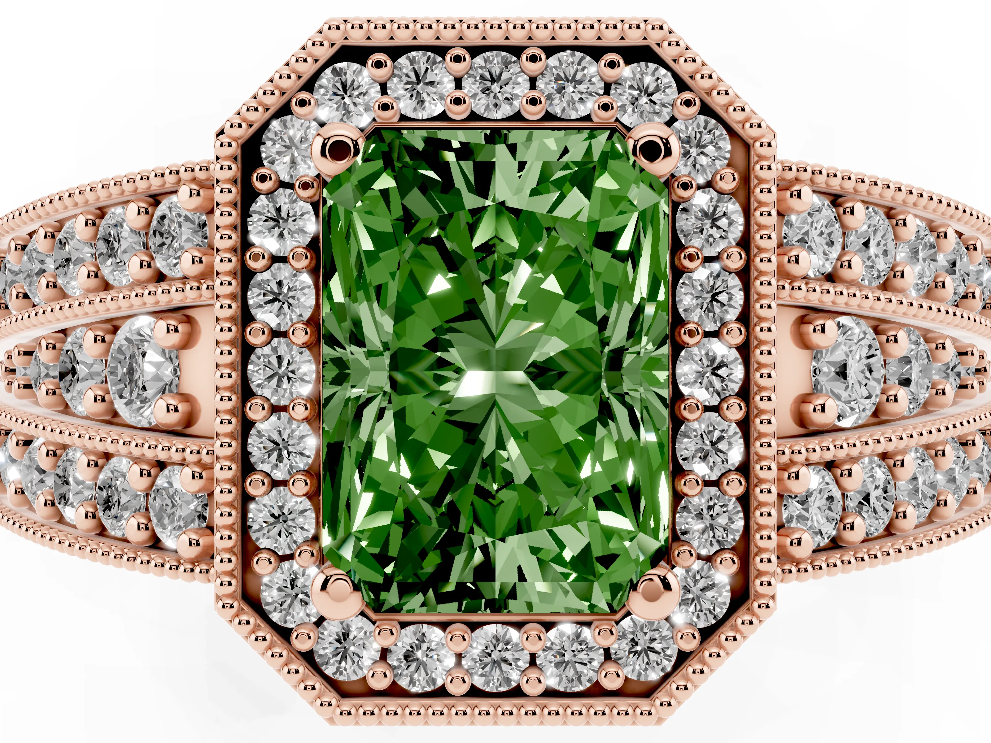 Fancy Green Radiant Cut Diamond Halo Ring Set in Rose gold with Accent Split Shank and Prong Setting